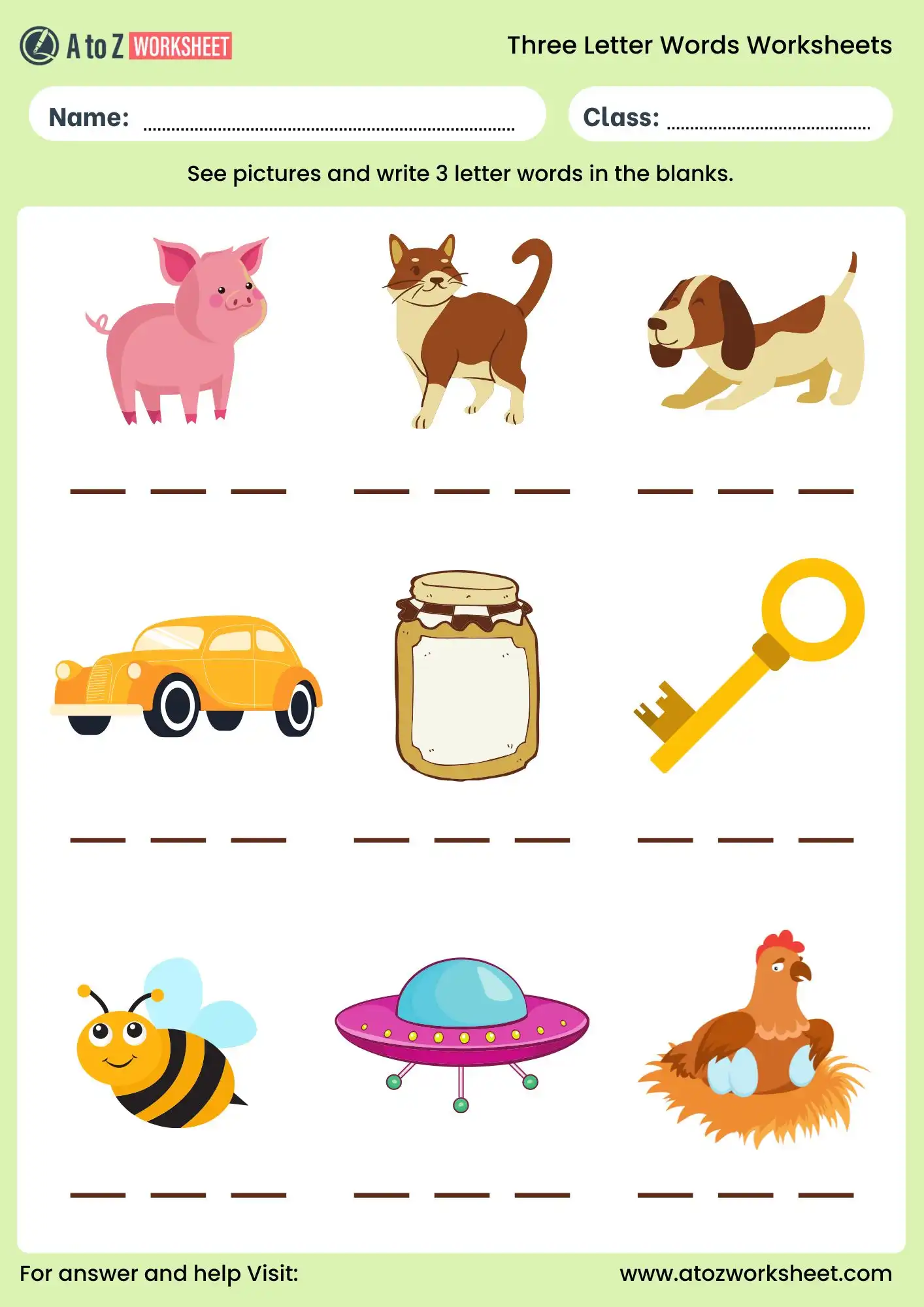3 letter words for kids worksheets with picture clues