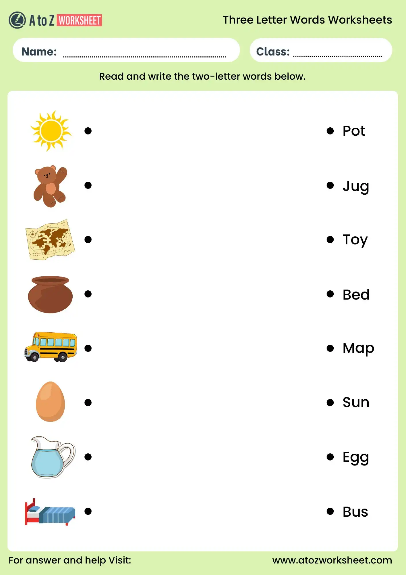 3 letter words for kids worksheets matching activity