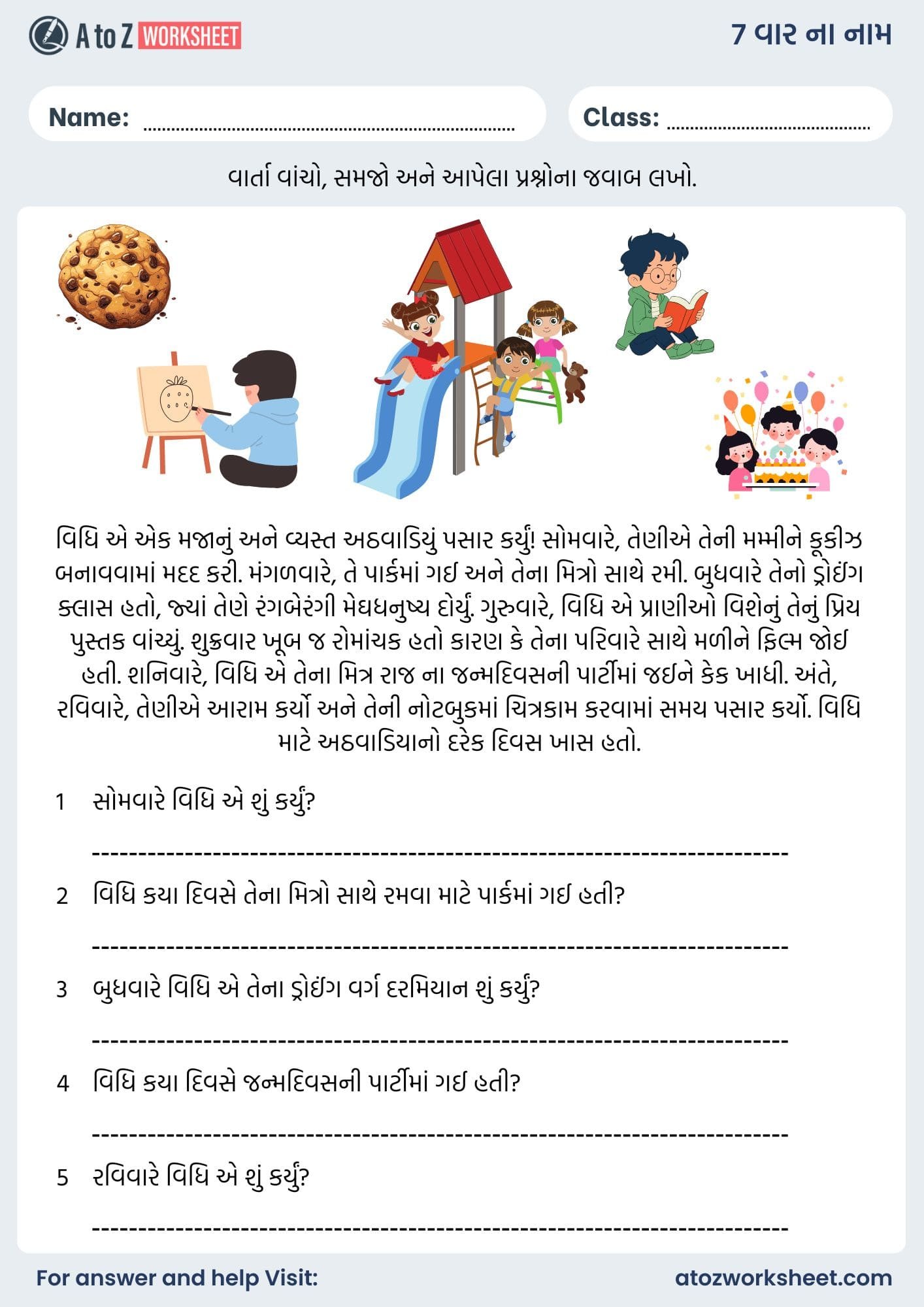 7 days name in gujarati and worksheet kids