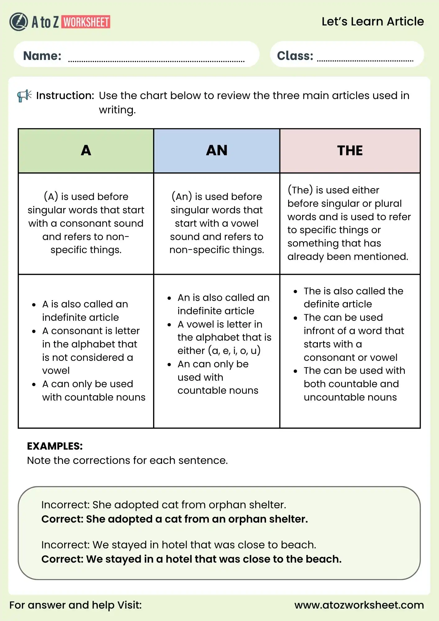 a an the worksheet for class 1 and class 2 grammar chart with examples free pdf