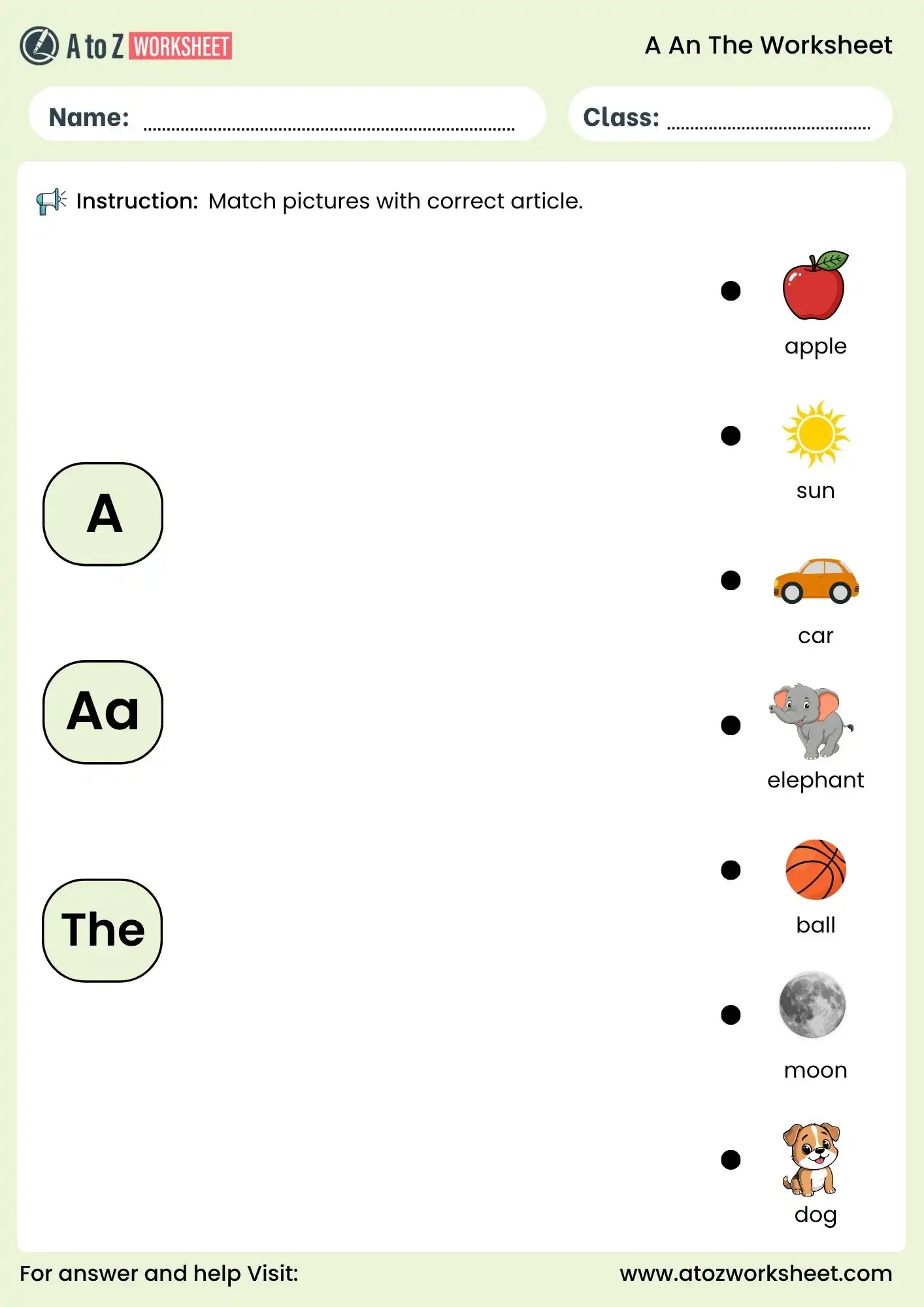 a an the worksheet for class 1 and class 2 picture matching activity free printable