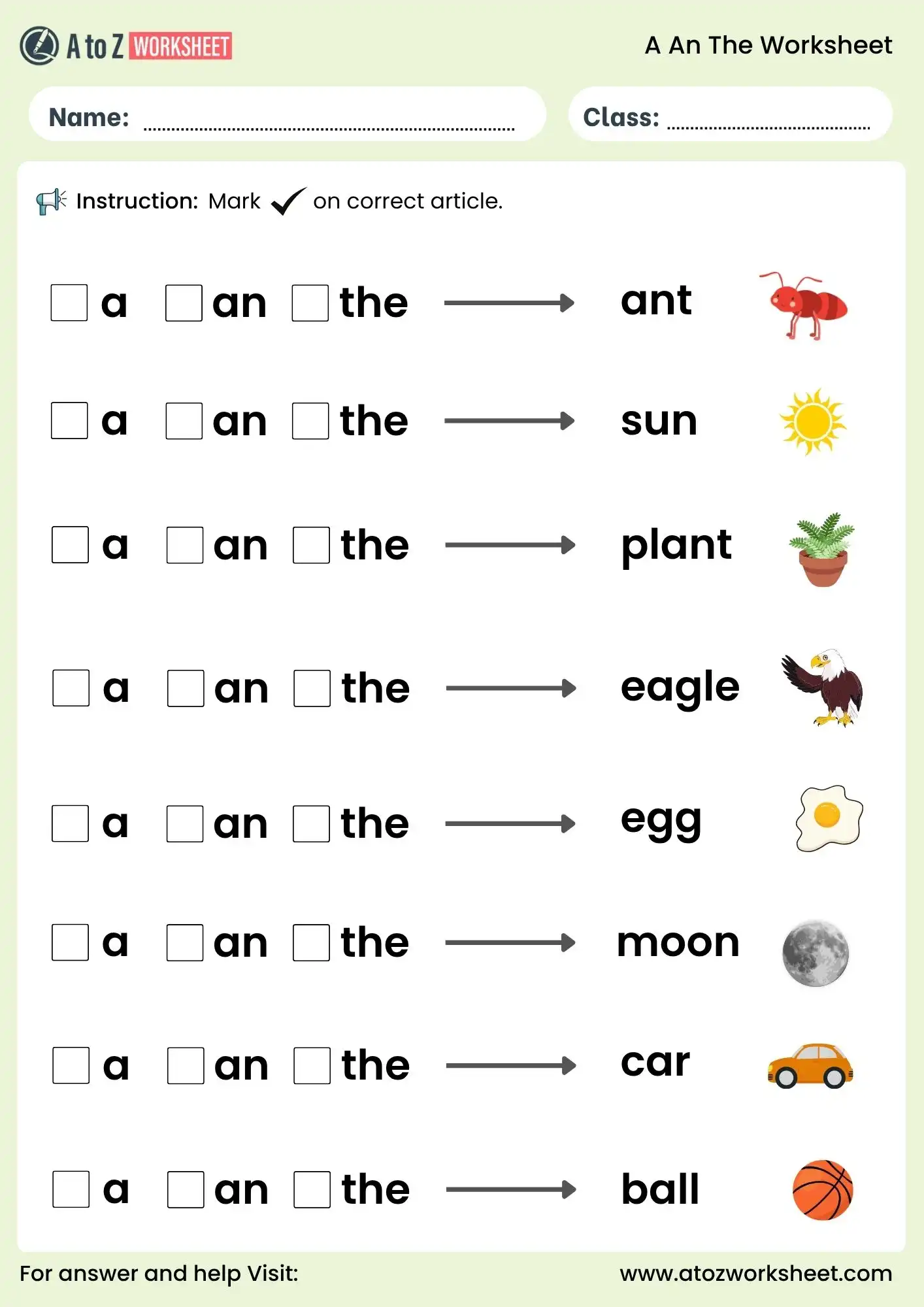 a an the worksheet for class 1 and class 2 mark correct article activity pdf