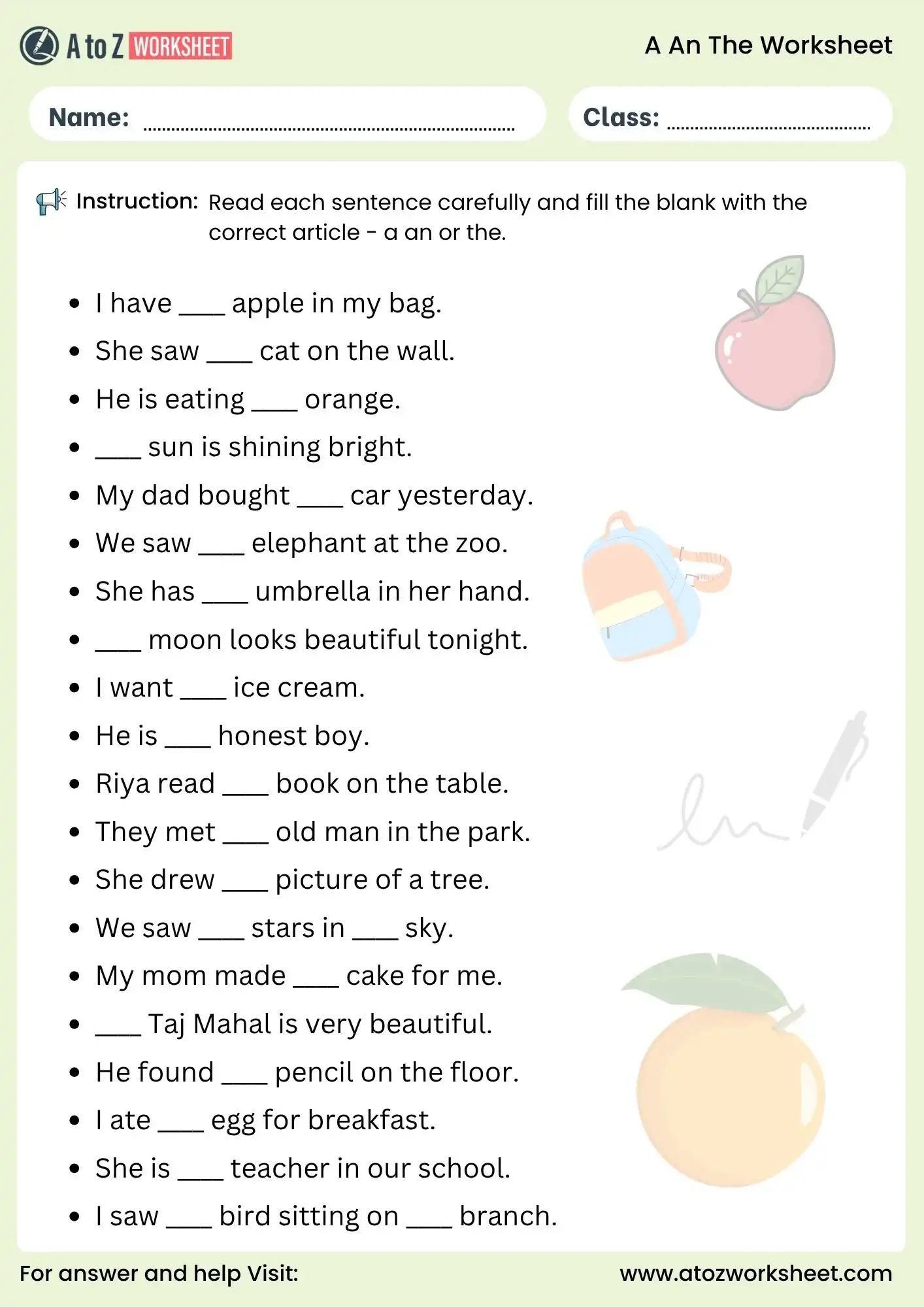 a an the worksheet for class 1 and class 2 fill in the blanks grammar practice