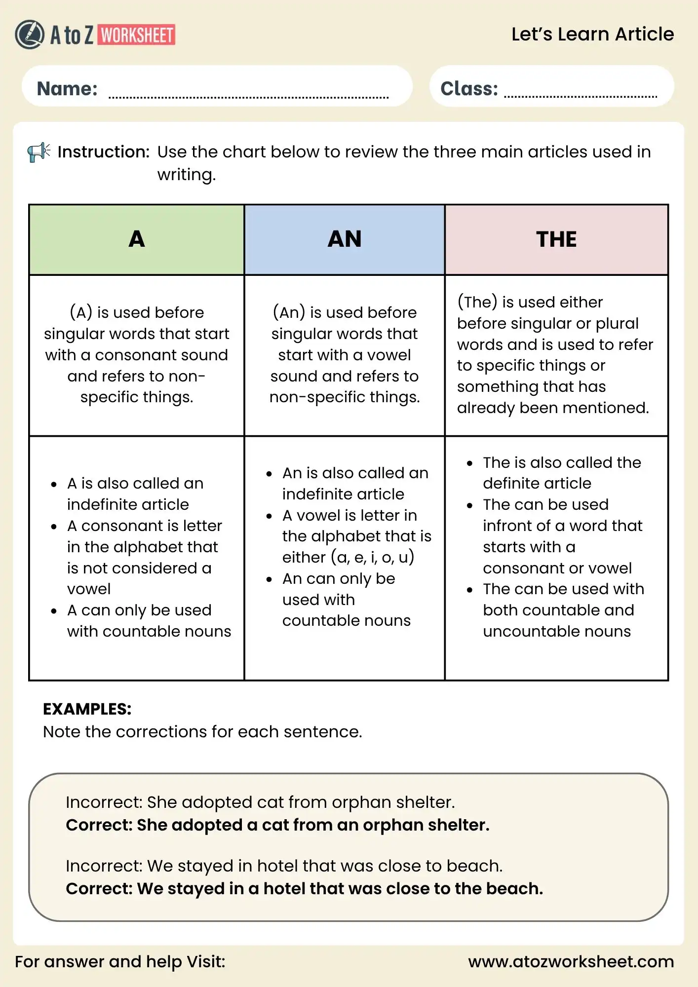 a an the worksheet for class 3 grammar rules and examples free pdf