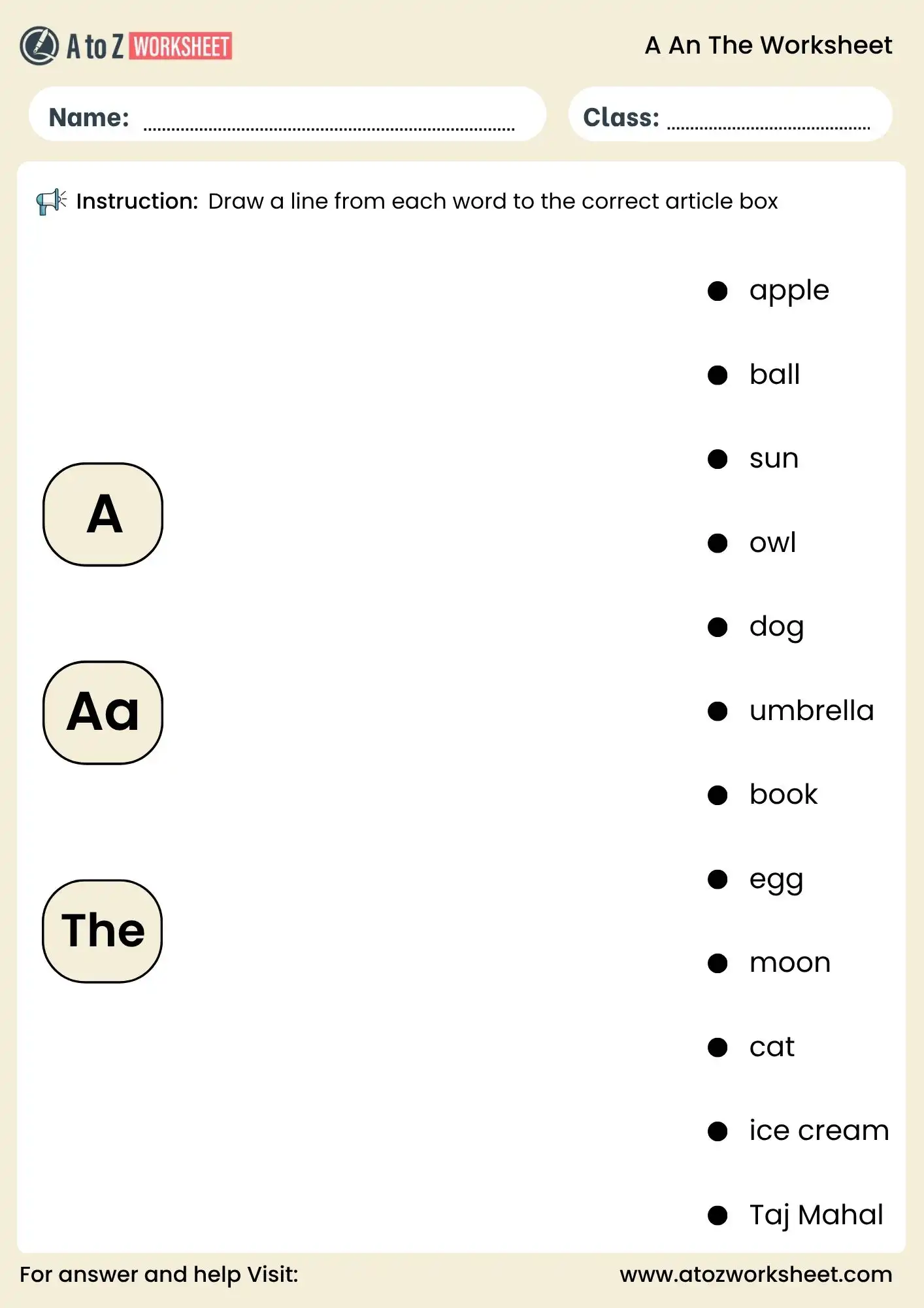 a an the worksheet for class 3 picture matching grammar activity printable