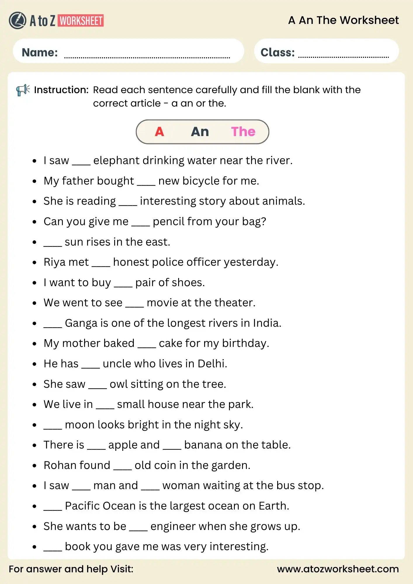 a an the worksheet for class 3 fill in the blanks grammar sentences free pdf