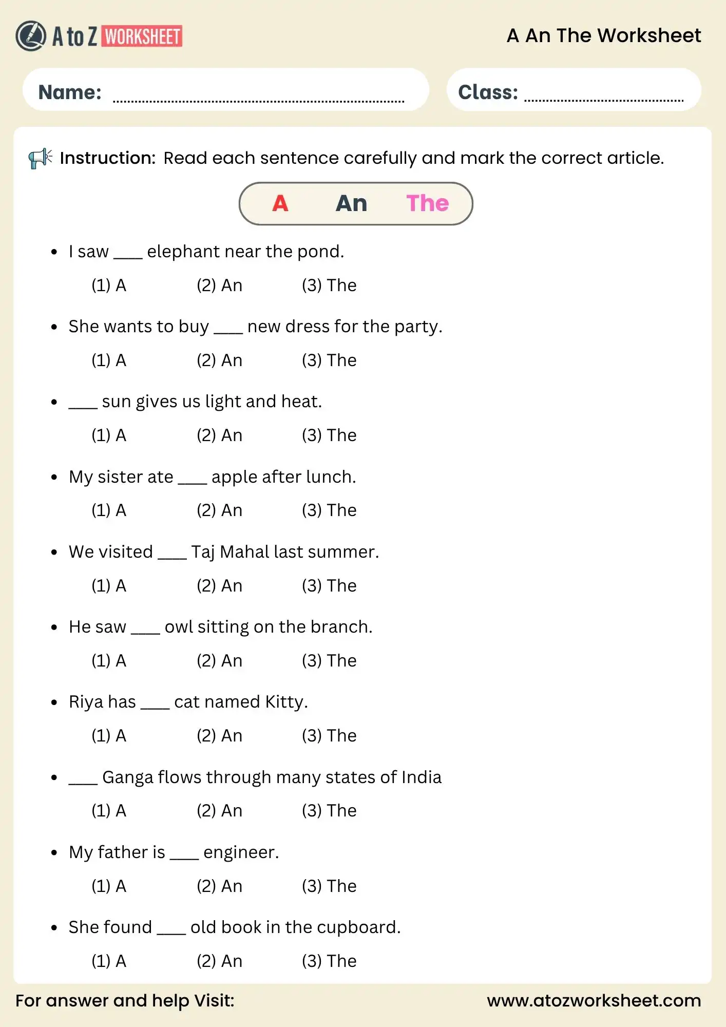 a an the worksheet for class 3 multiple choice article practice questions pdf