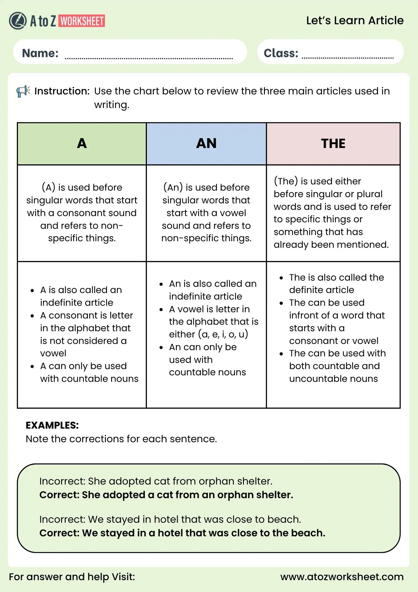 a and an worksheet for kids with grammar chart and examples nursery lkg ukg class 1