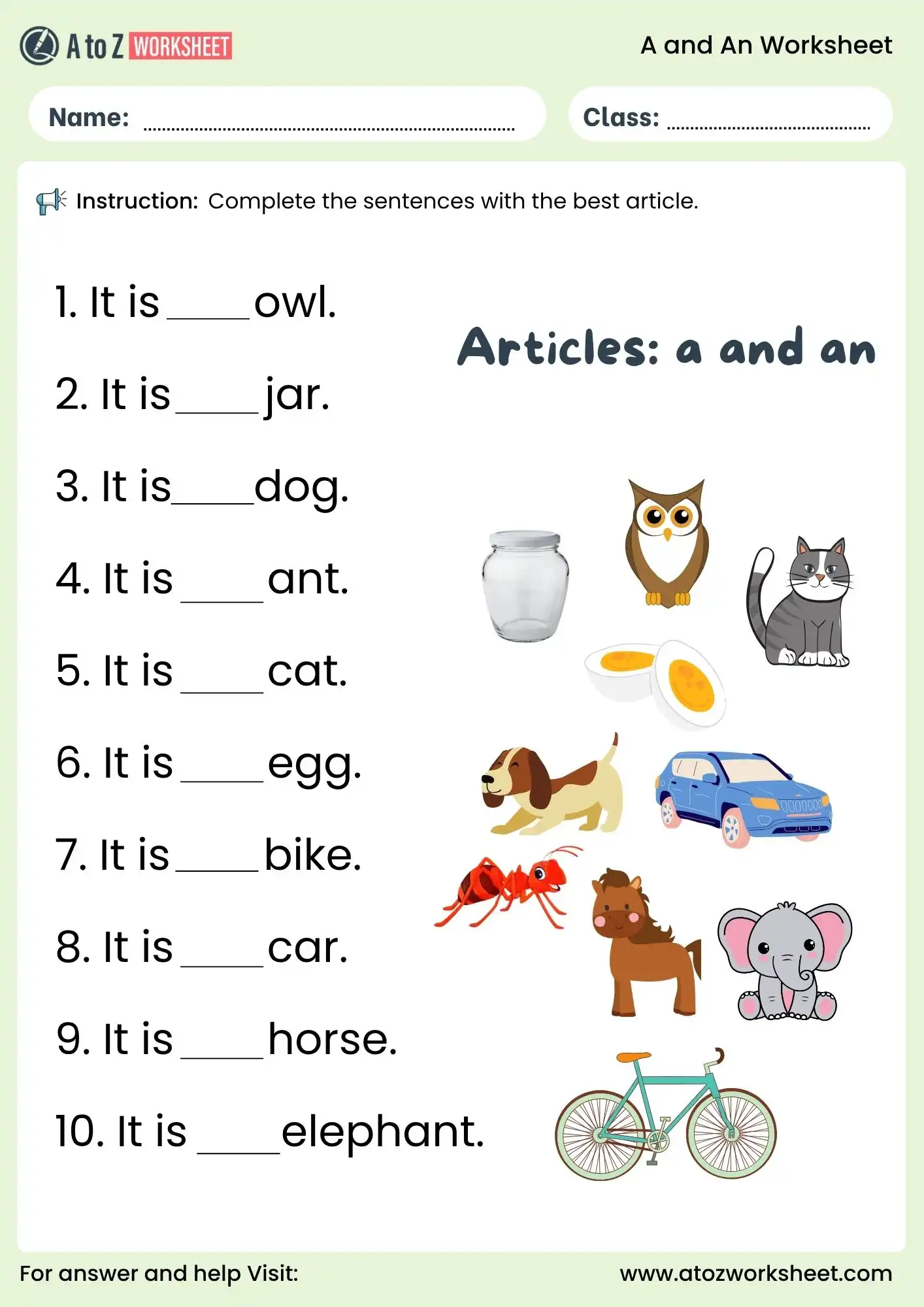 a and an worksheet for kids sentence fill activity with pictures free pdf