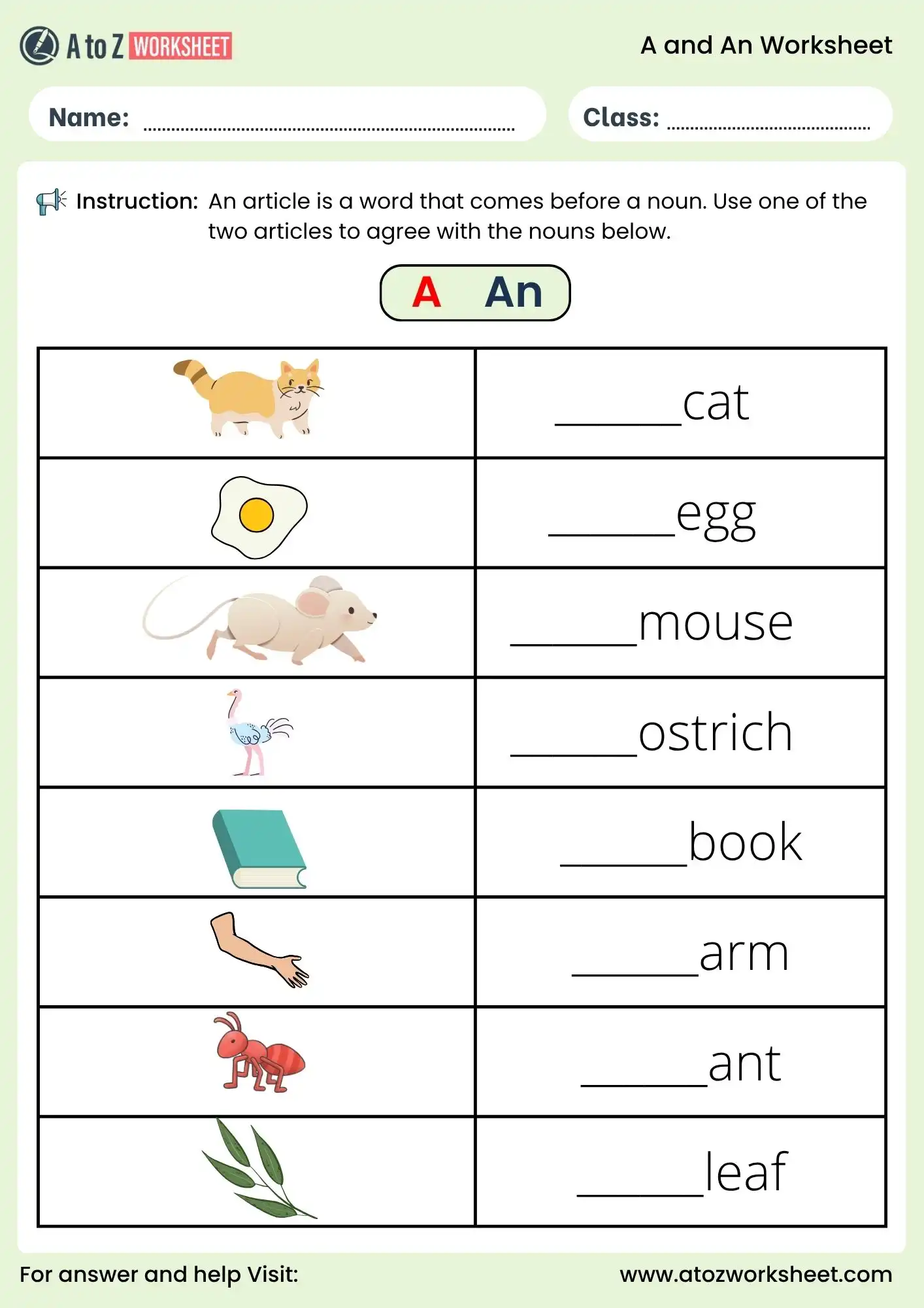 a and an worksheet for kids noun matching activity printable free