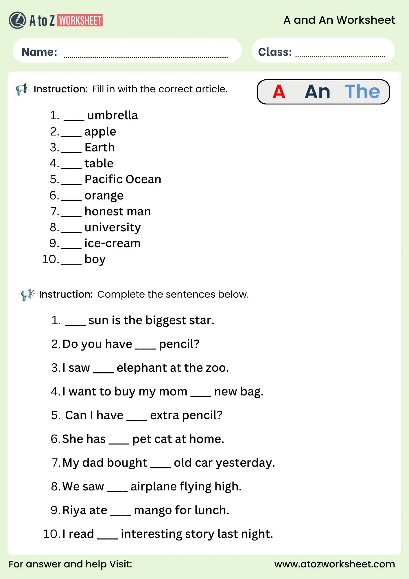 a and an worksheet for kids fill in the blank with articles free printable