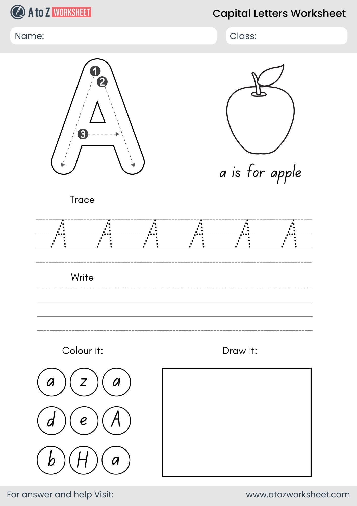 a to z capital letters worksheet- letter a