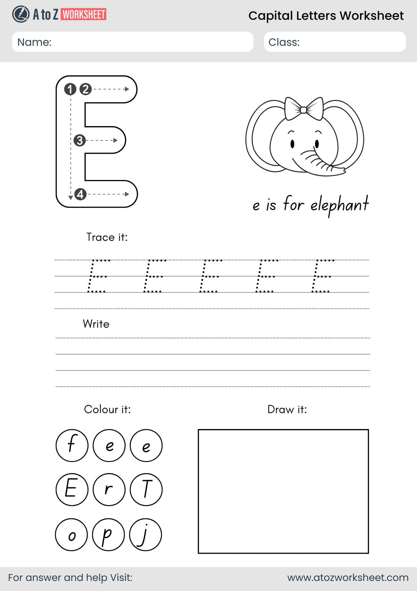 a to z capital letters worksheet- letter e