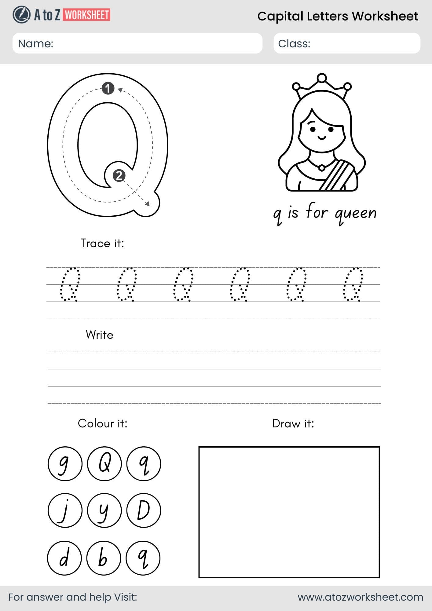 a to z capital letters worksheet- letter q