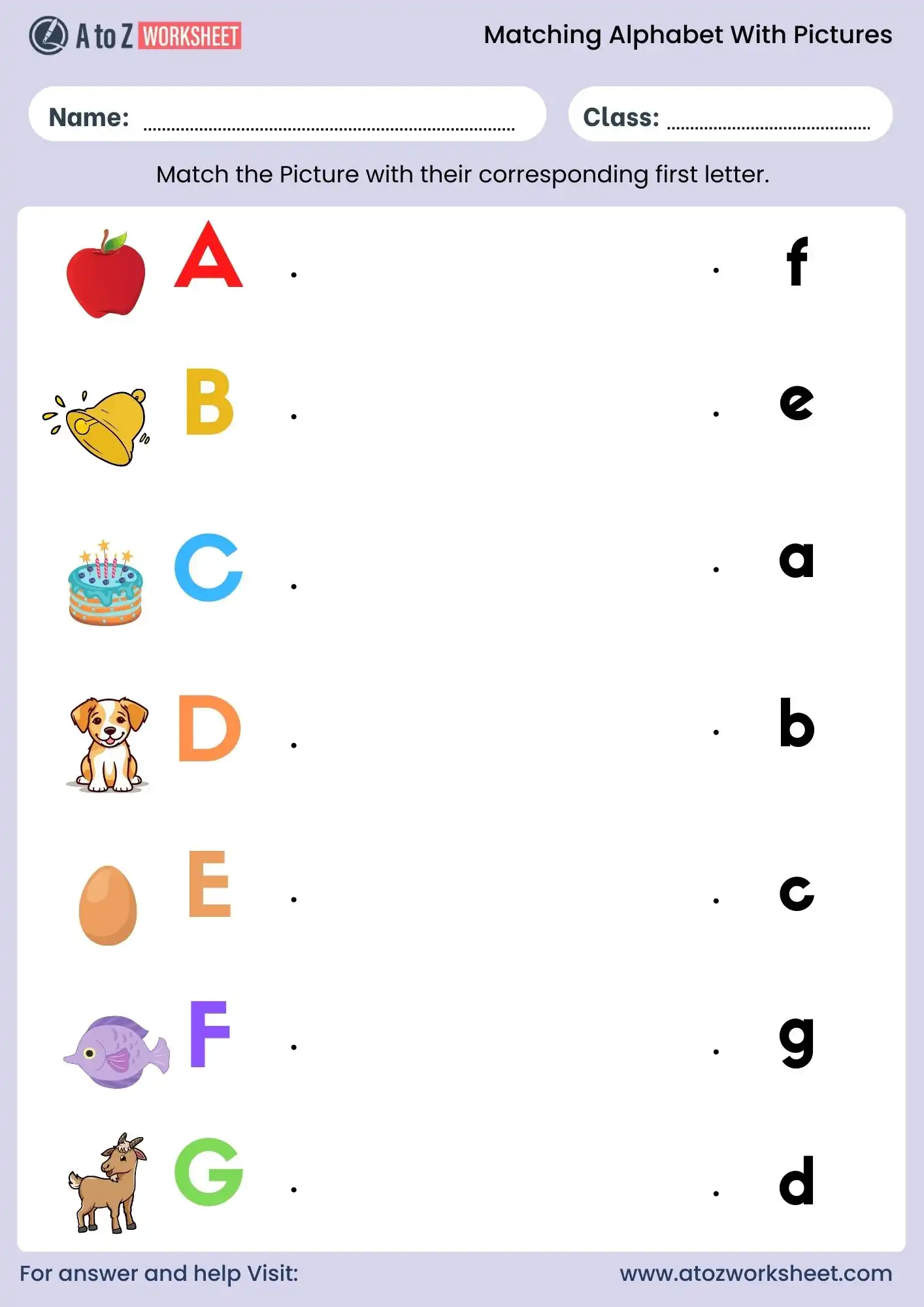 match alphabets with pictures worksheets for kids