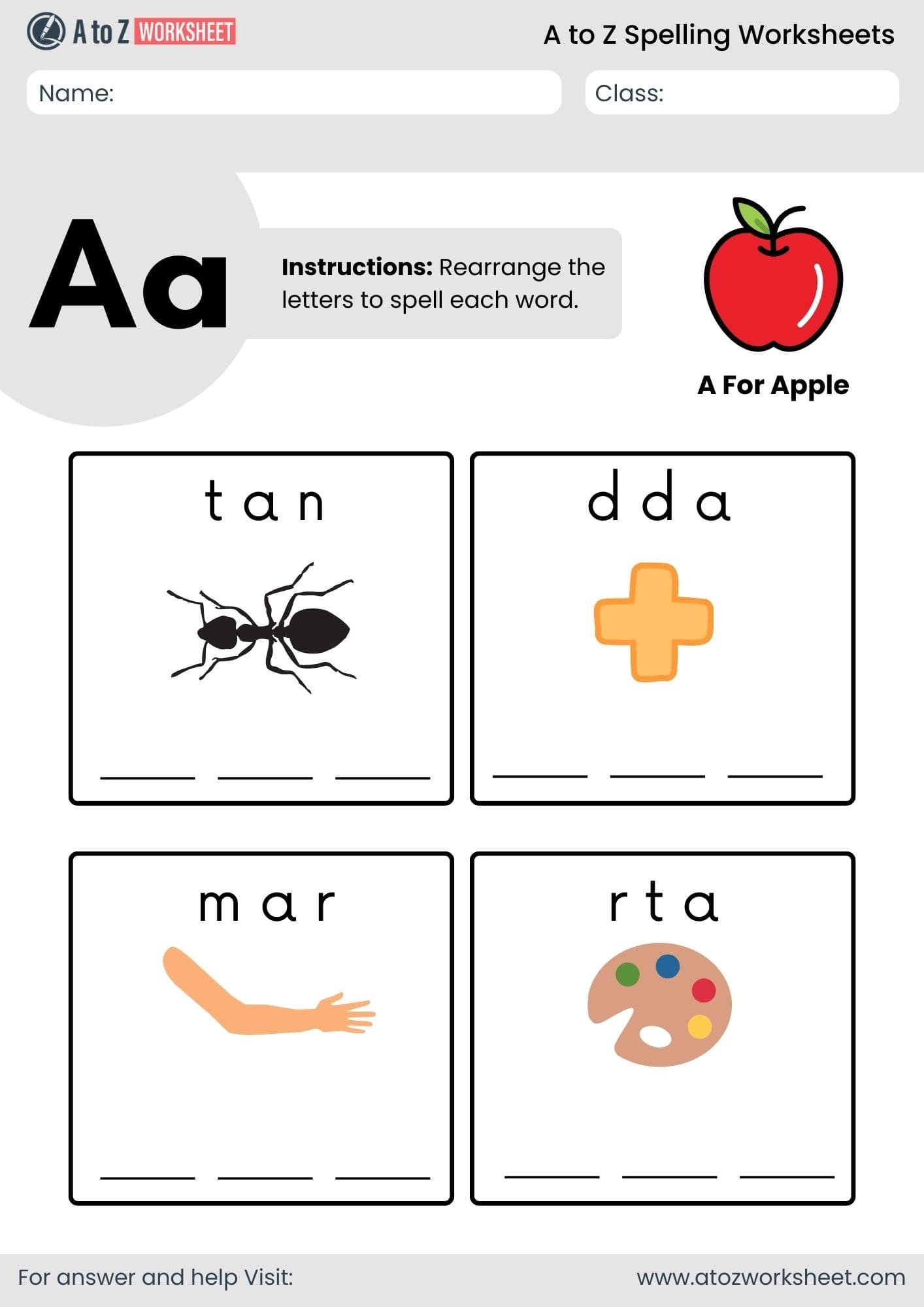 a to z spelling worksheets​ letter a