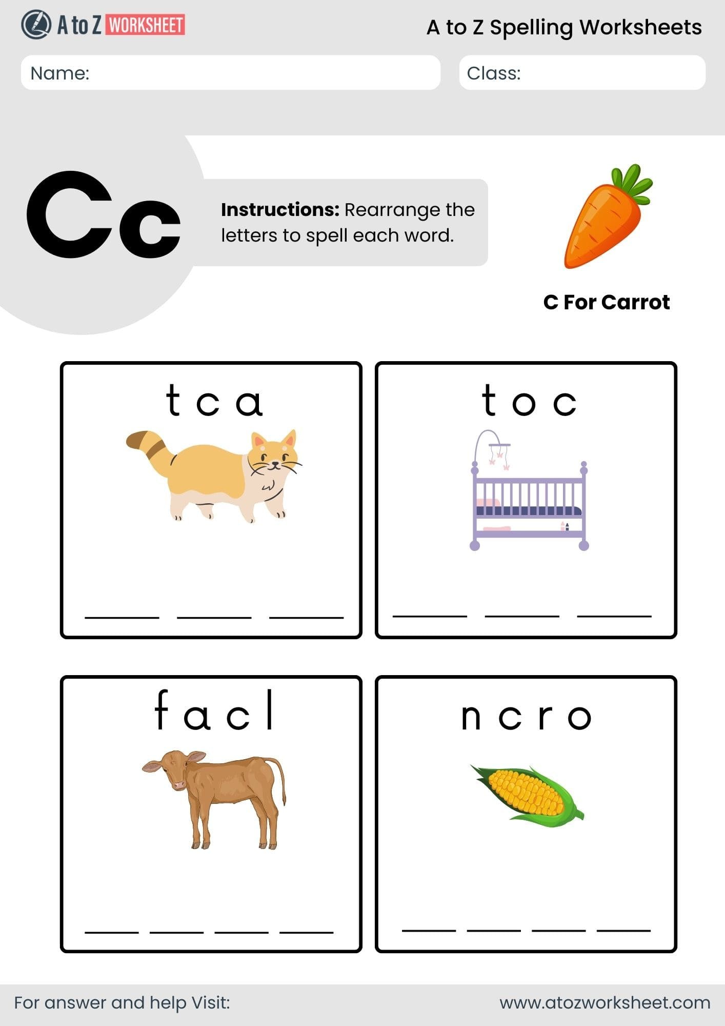 a to z spelling worksheets​ letter c