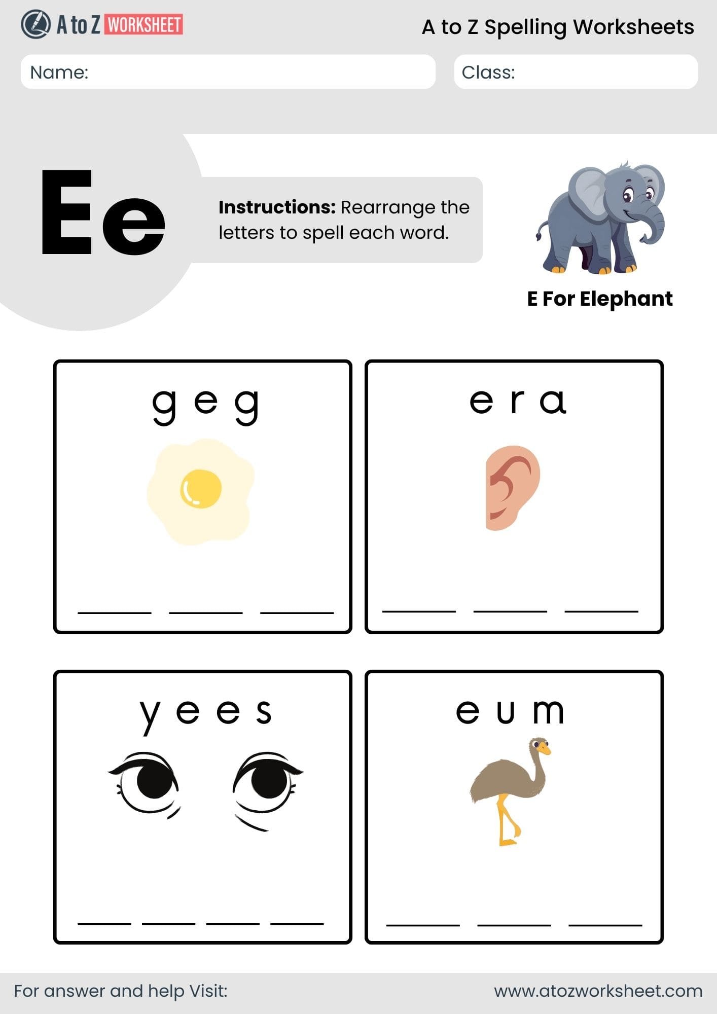 a to z spelling worksheets​ letter e