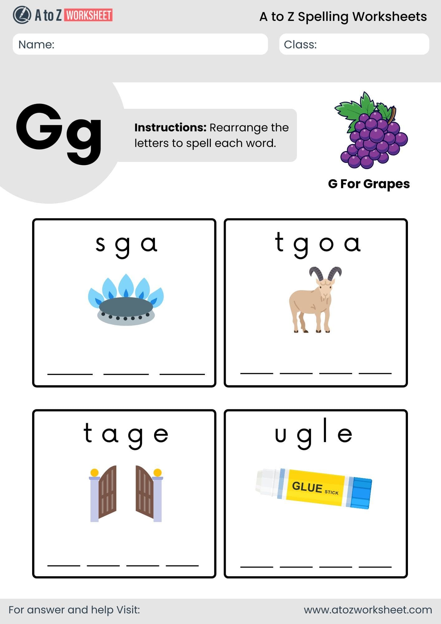 a to z spelling worksheets​ letter g