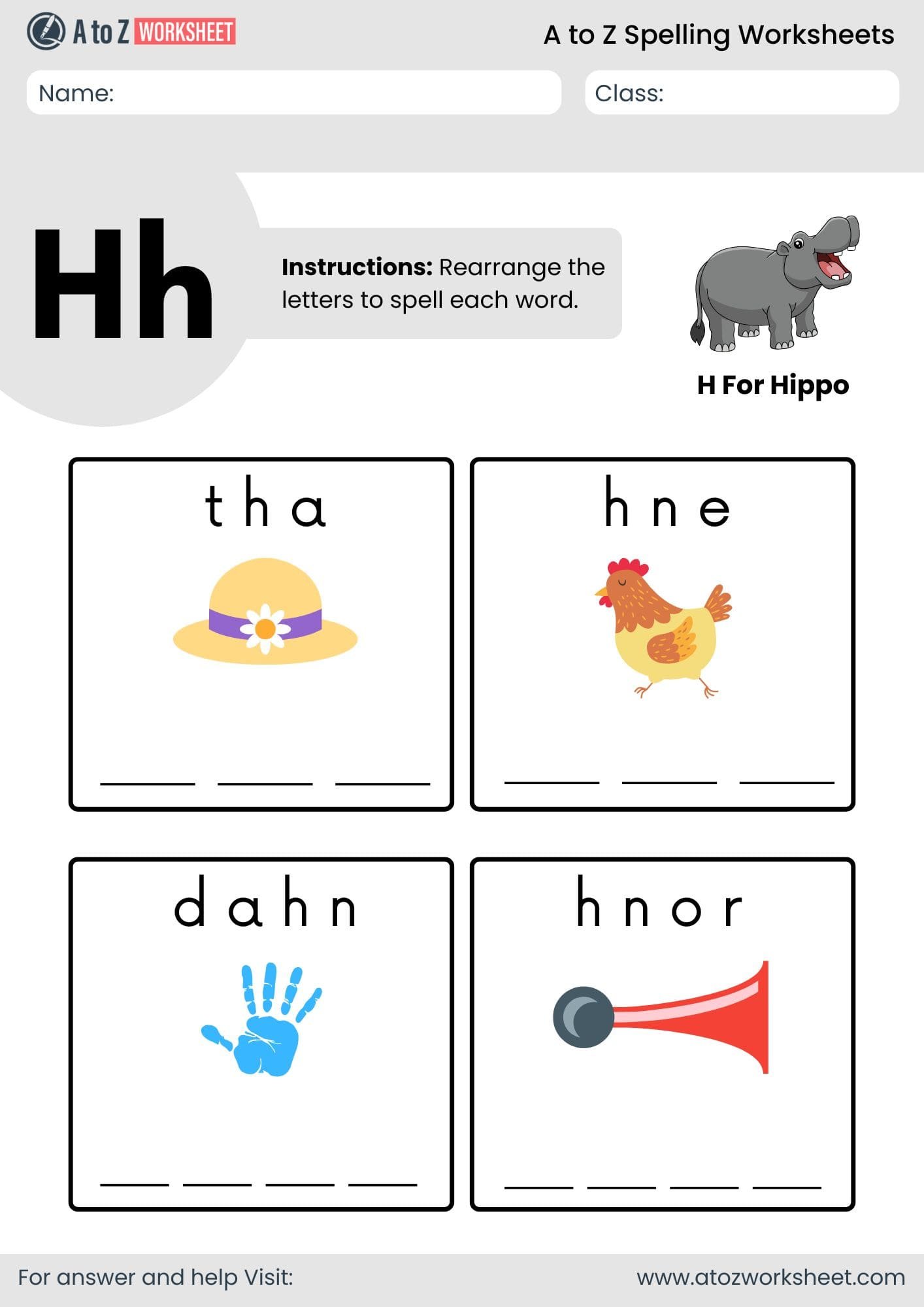 a to z spelling worksheets​ letter h