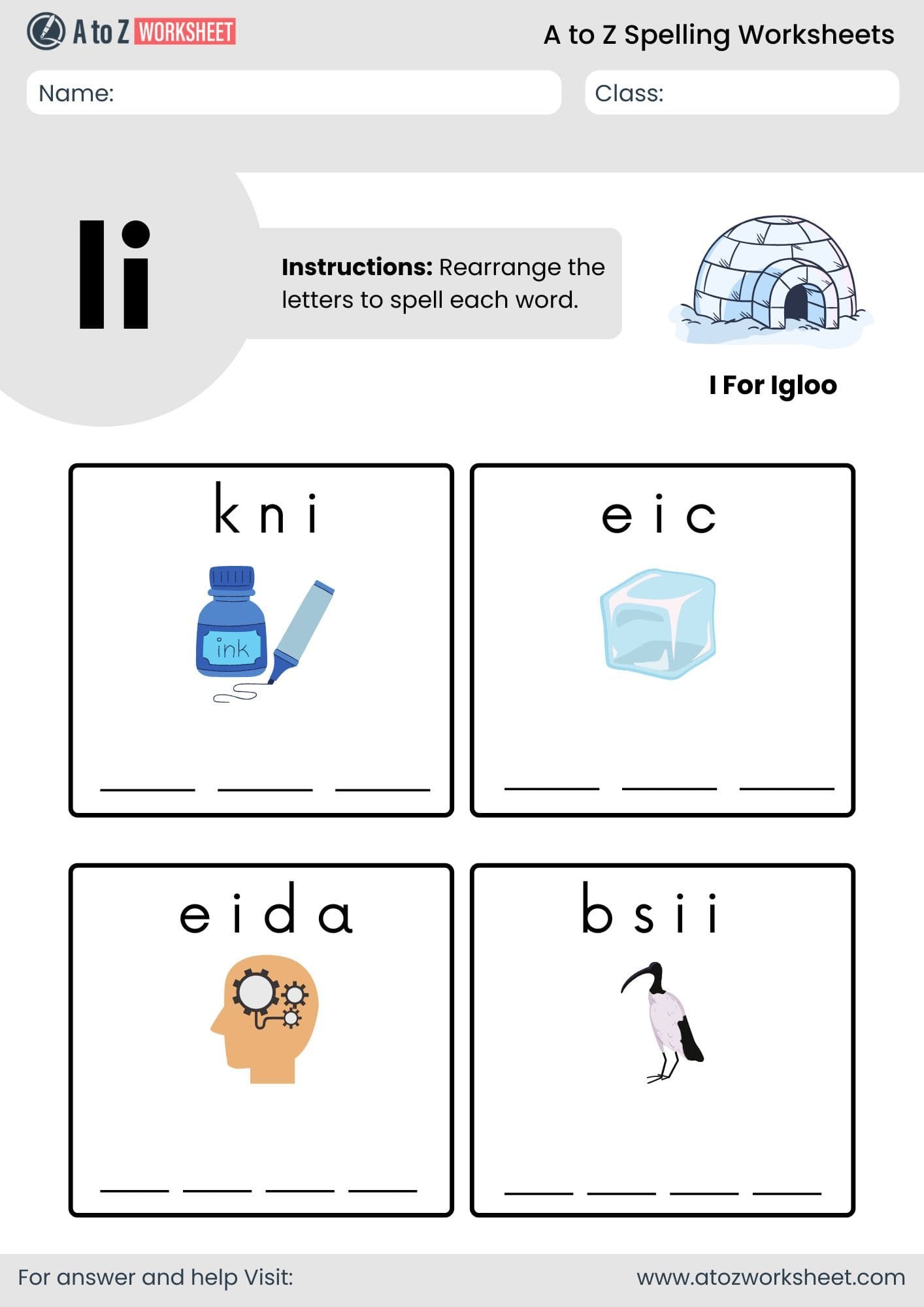 a to z spelling worksheets​ letter i