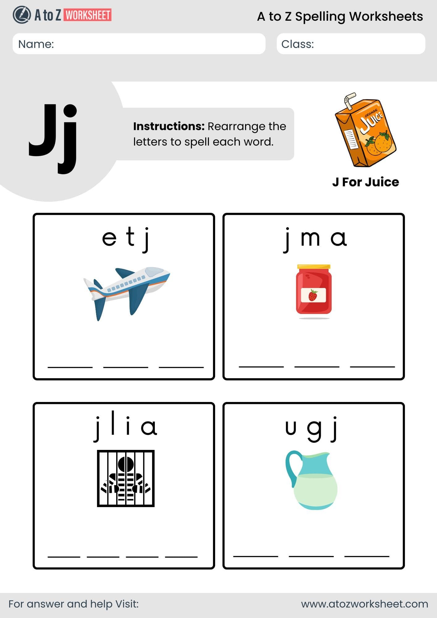 a to z spelling worksheets​ letter j