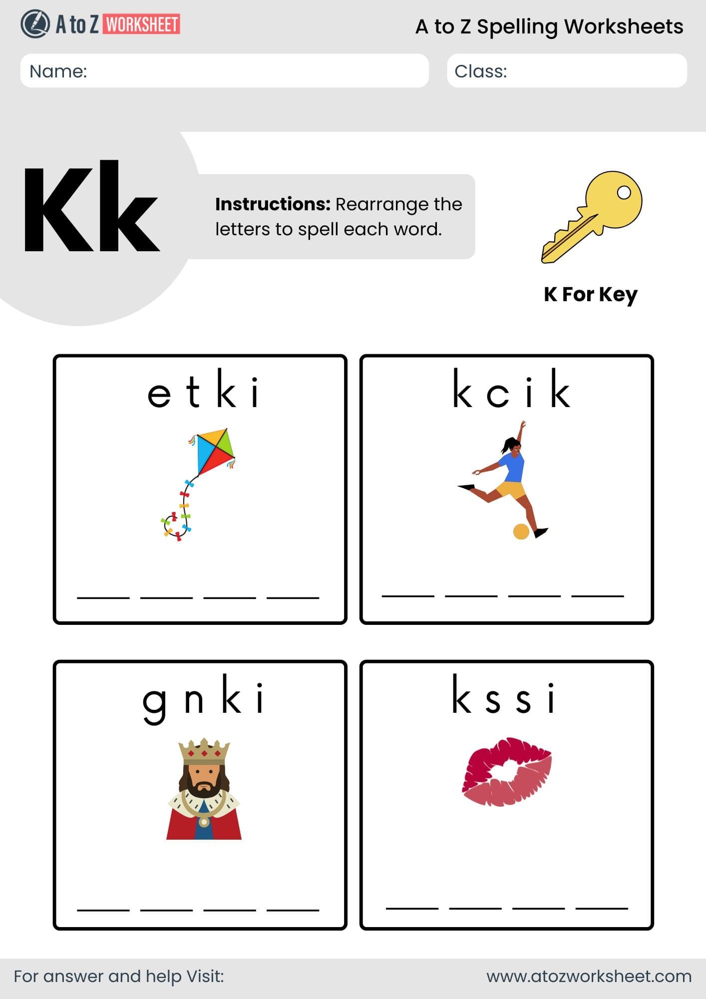 a to z spelling worksheets​ letter k