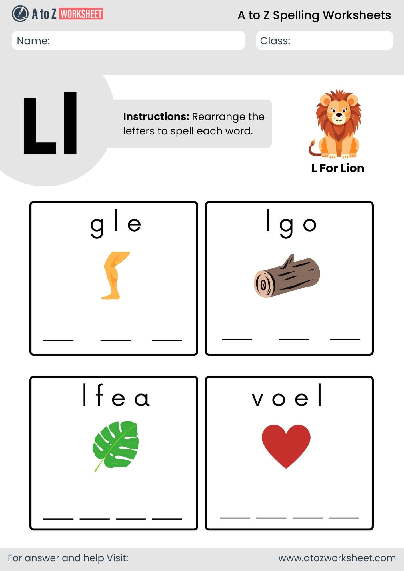 a to z spelling worksheets​ letter l