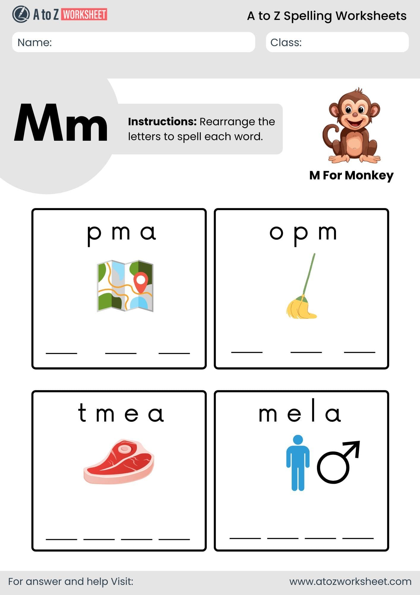 a to z spelling worksheets​ letter m