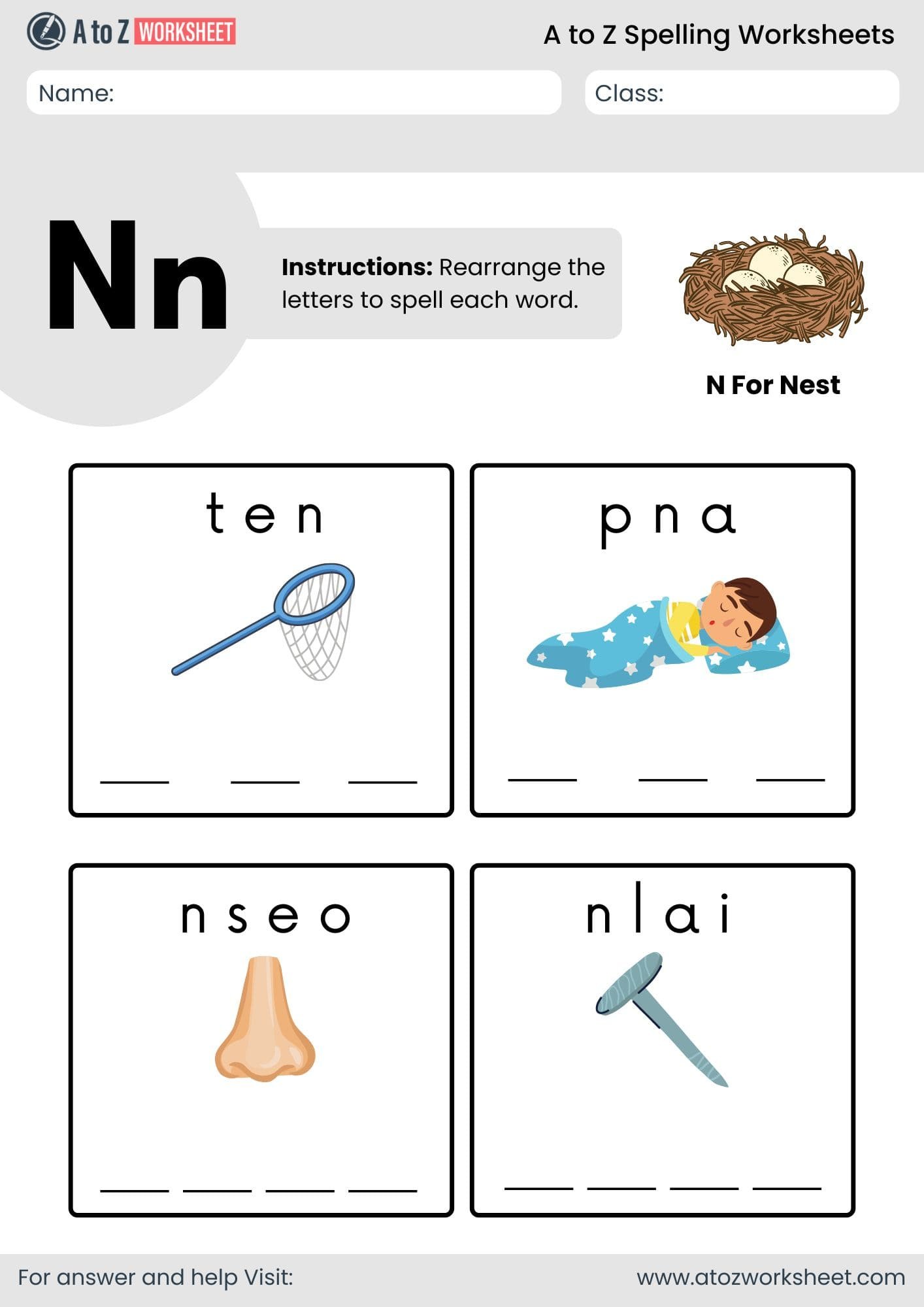 a to z spelling worksheets​ letter n