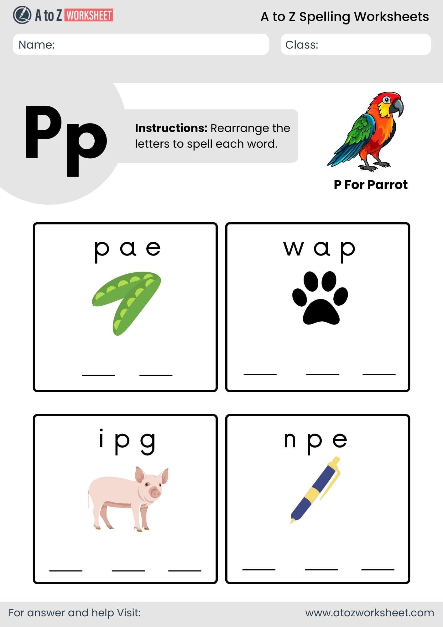 a to z spelling worksheets​ letter p