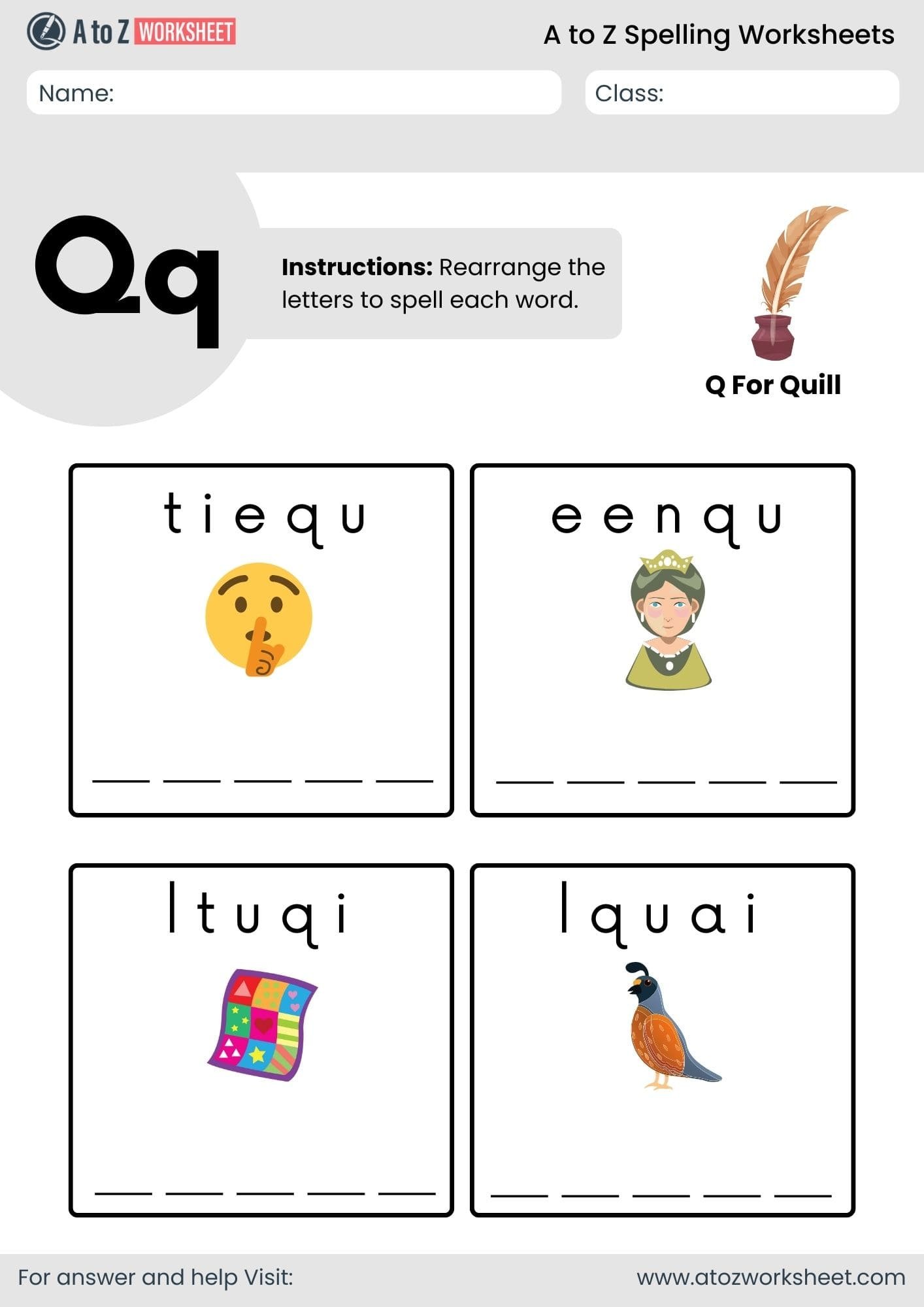 a to z spelling worksheets​ letter q