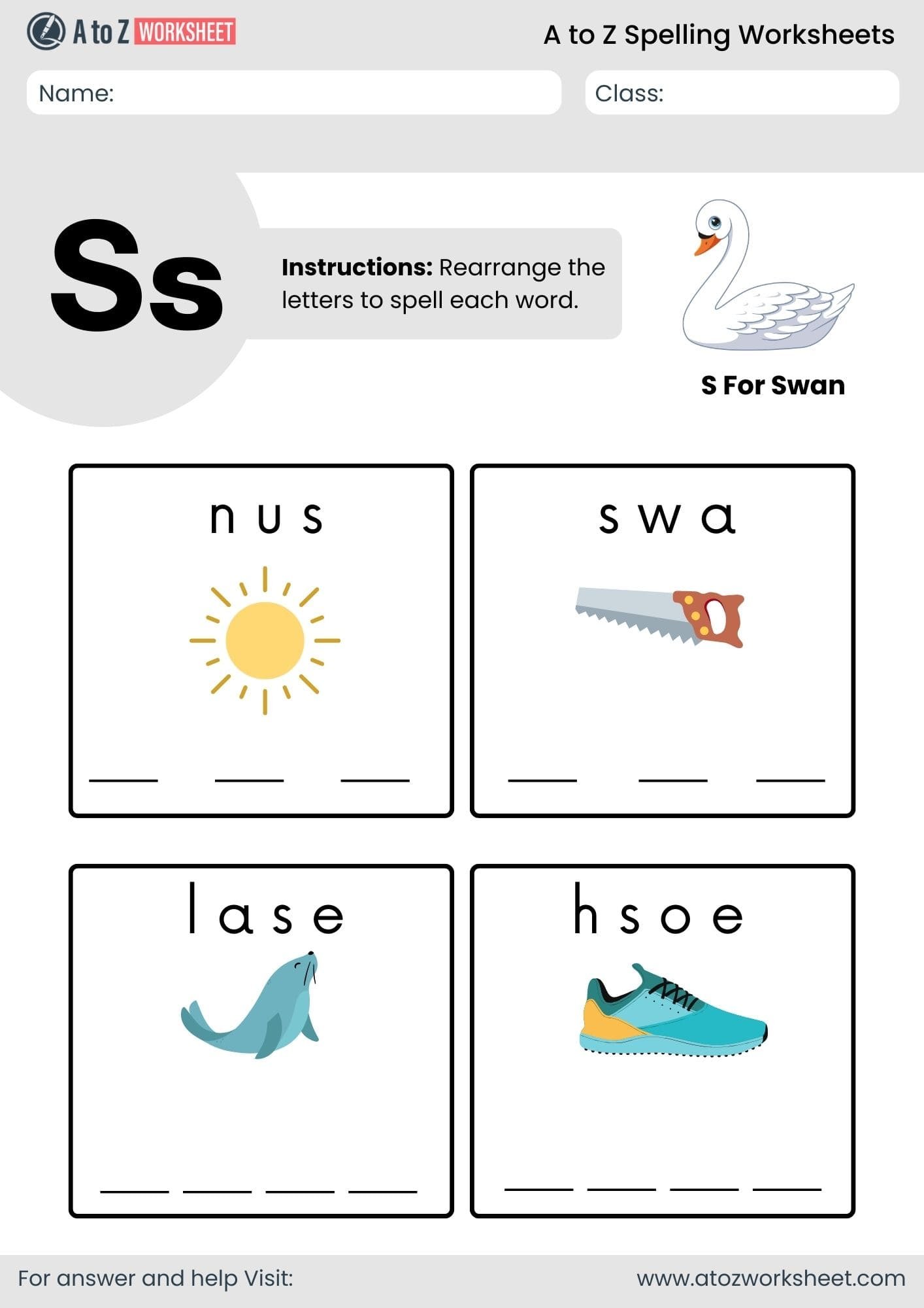 a to z spelling worksheets​ letter s