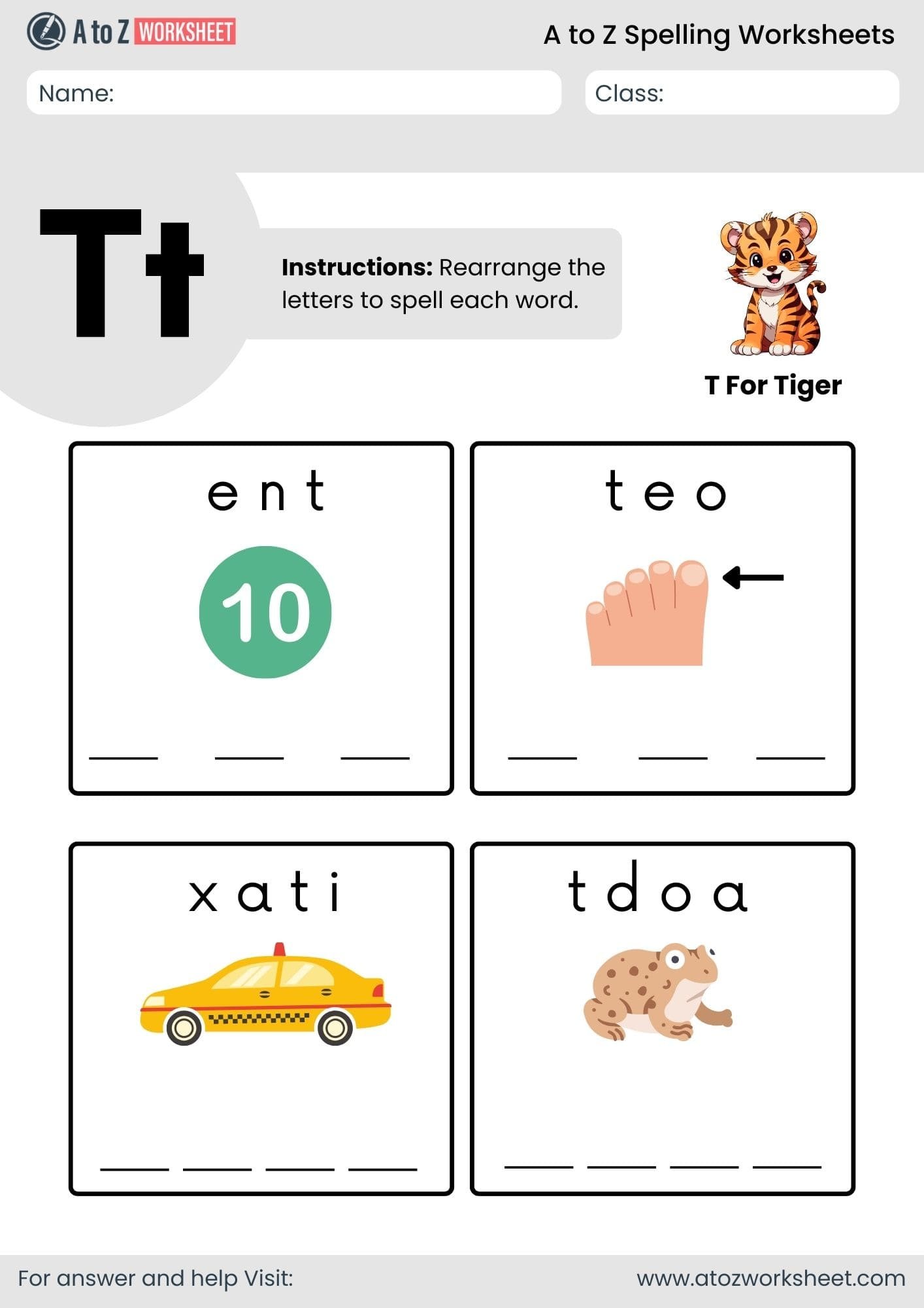 a to z spelling worksheets​ letter t