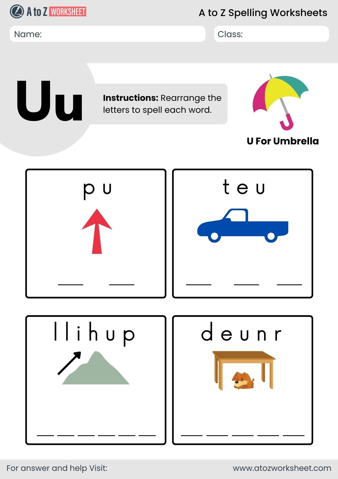 a to z spelling worksheets​ letter u