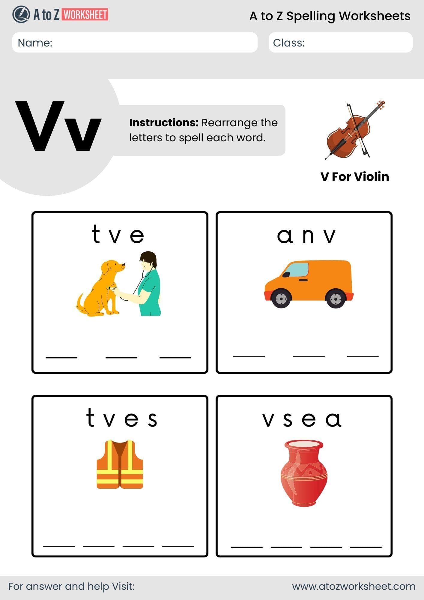 a to z spelling worksheets​ letter v