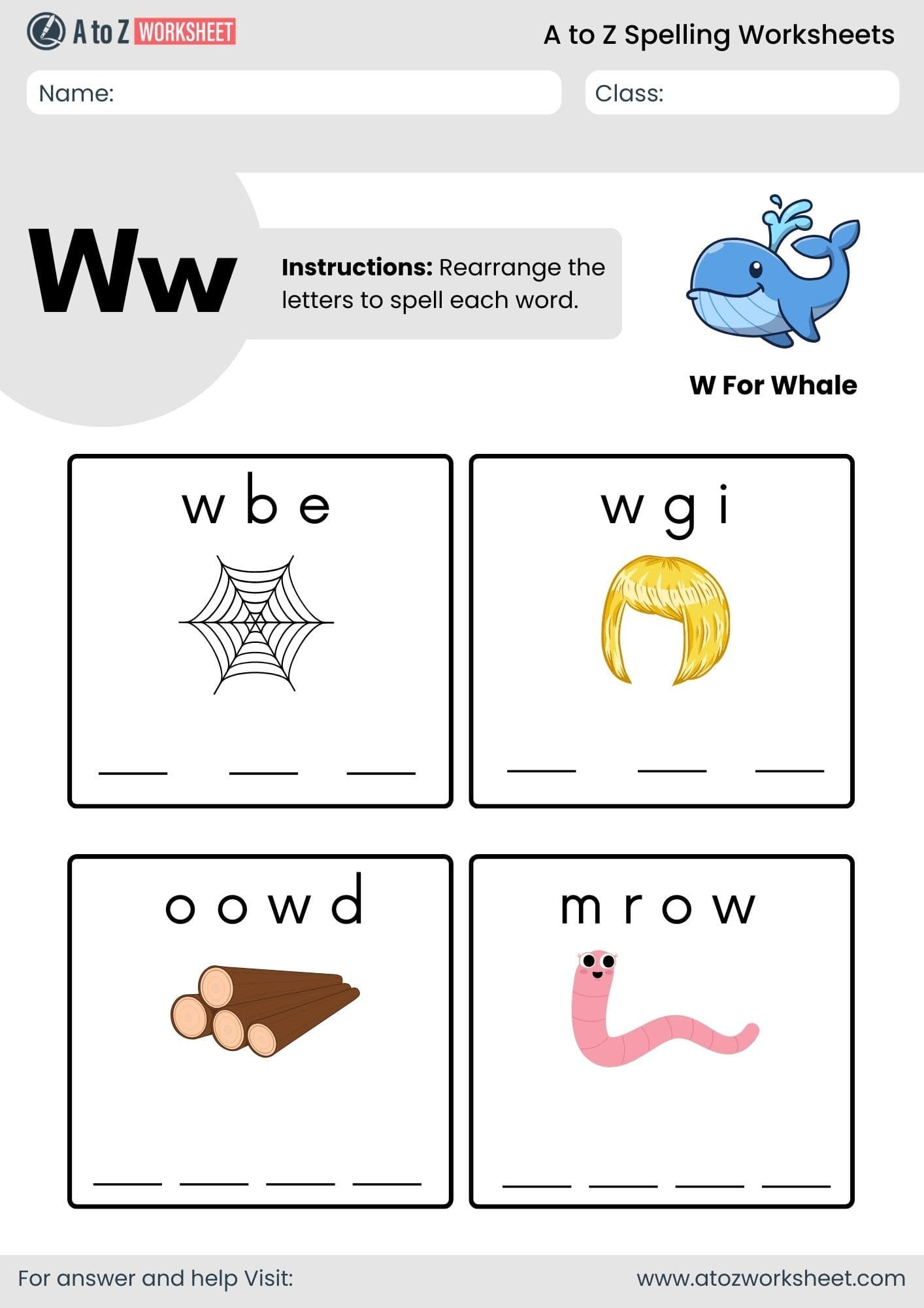 a to z spelling worksheets​ letter w