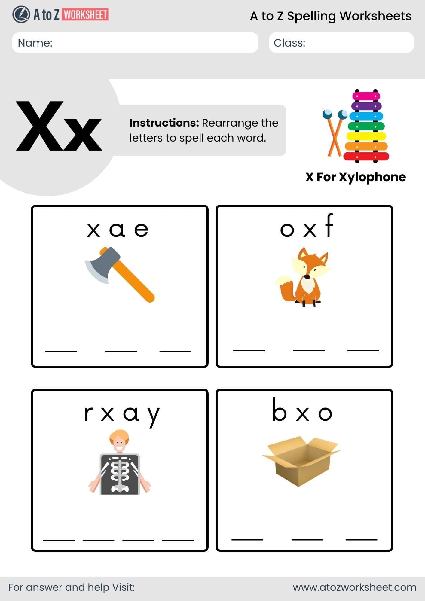 a to z spelling worksheets​ letter x