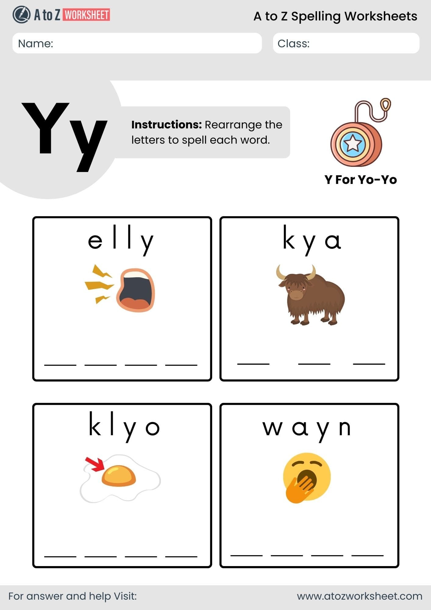 a to z spelling worksheets​ letter y