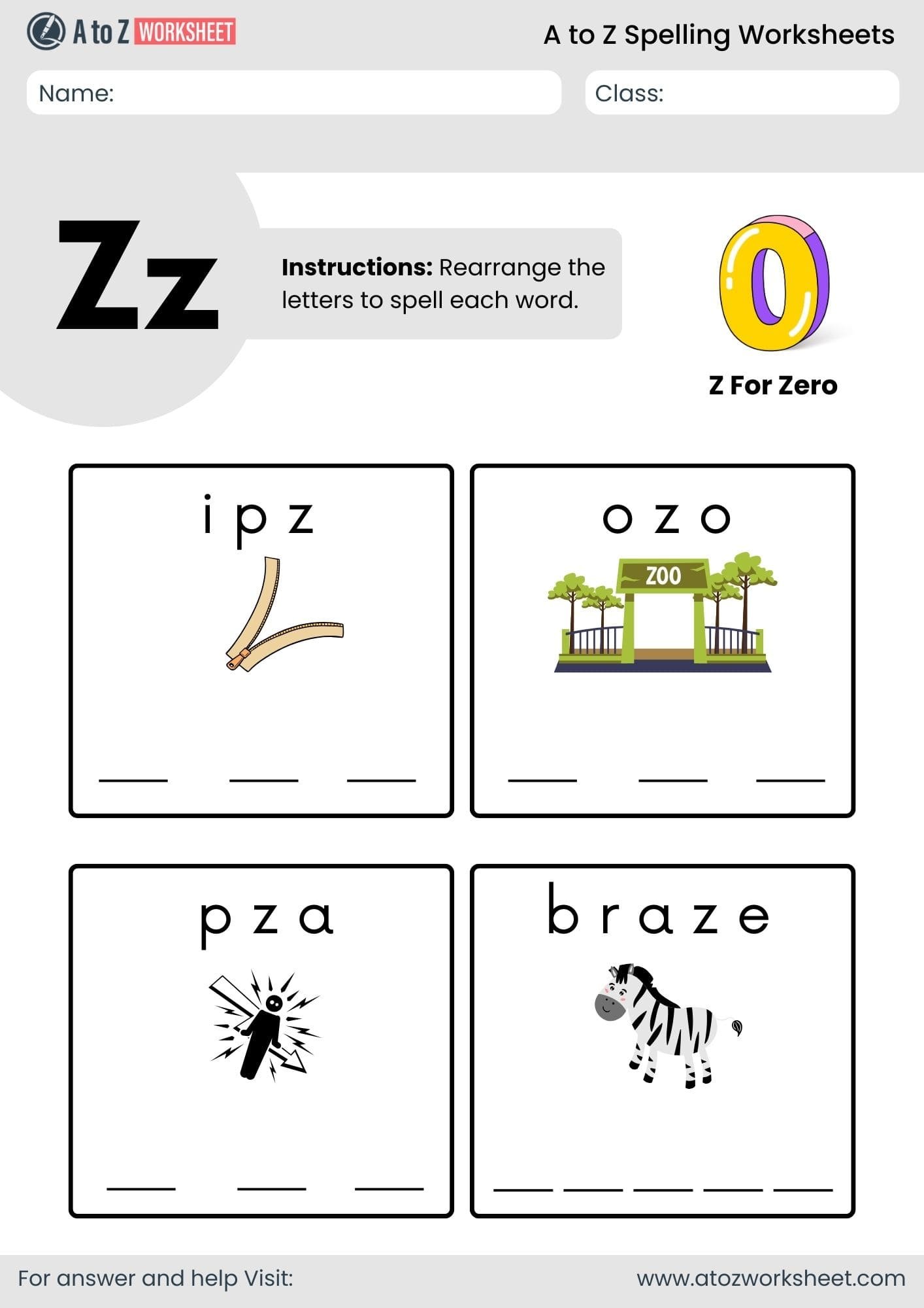 a to z spelling worksheets​ letter z