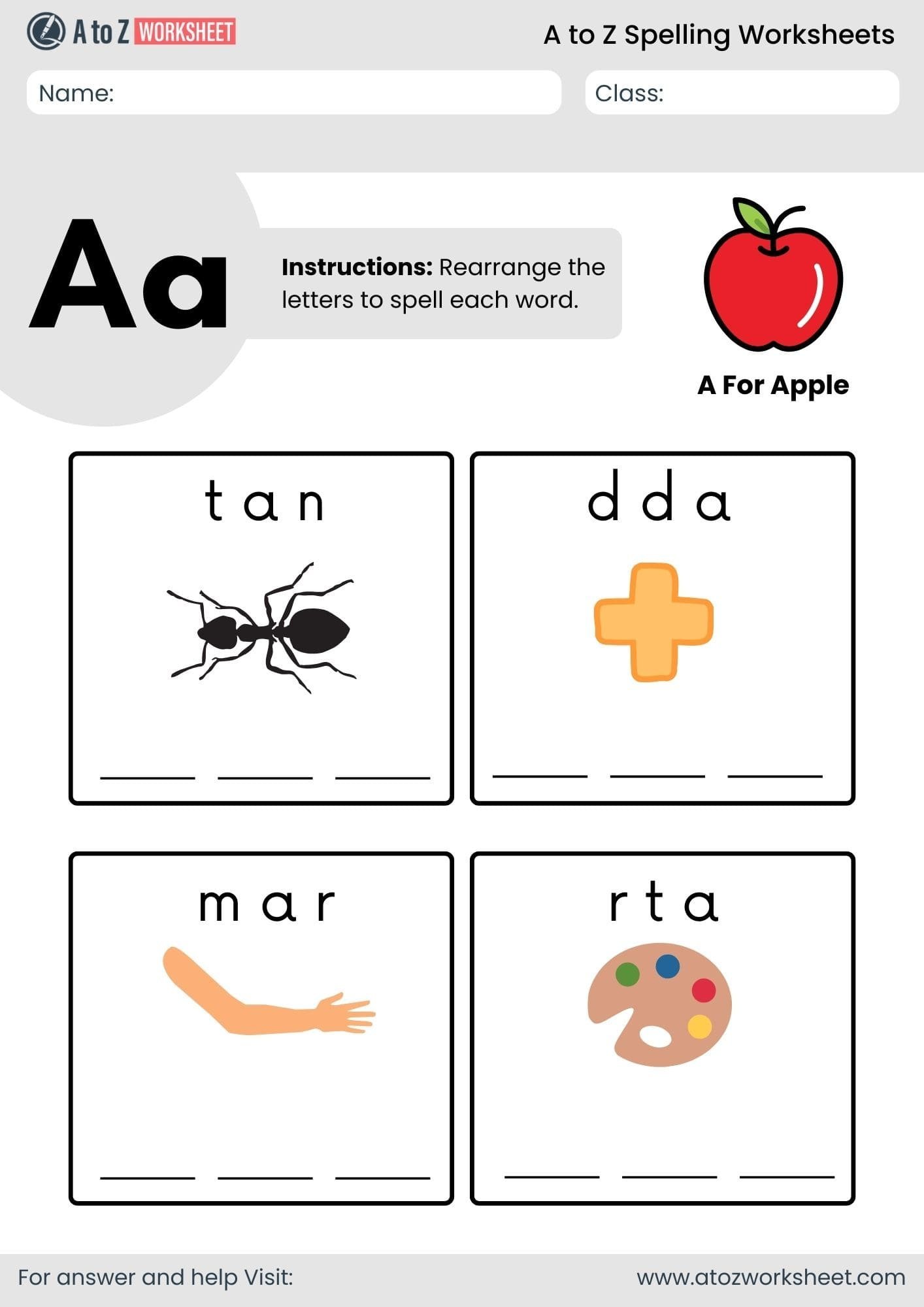 word start with a letter a to z spelling worksheet