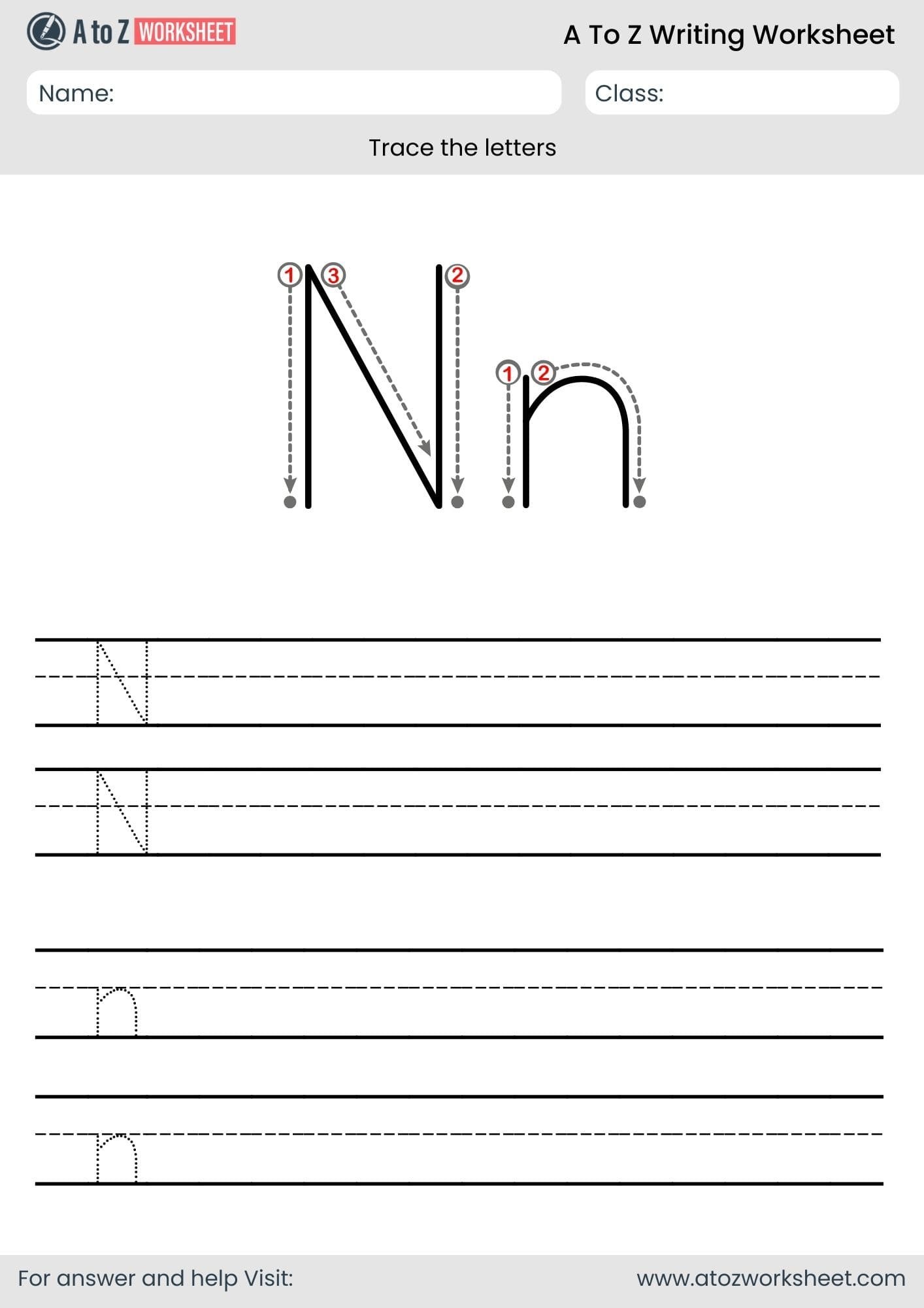 a to z writing worksheet​- letter n