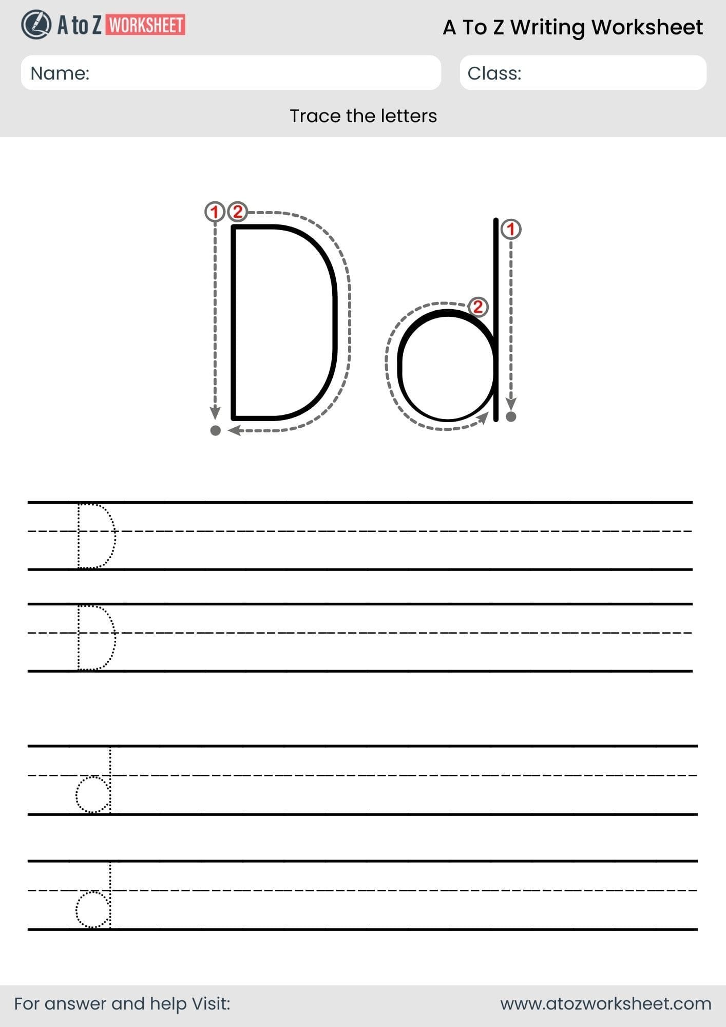 d letter write a to z worksheet in pdf