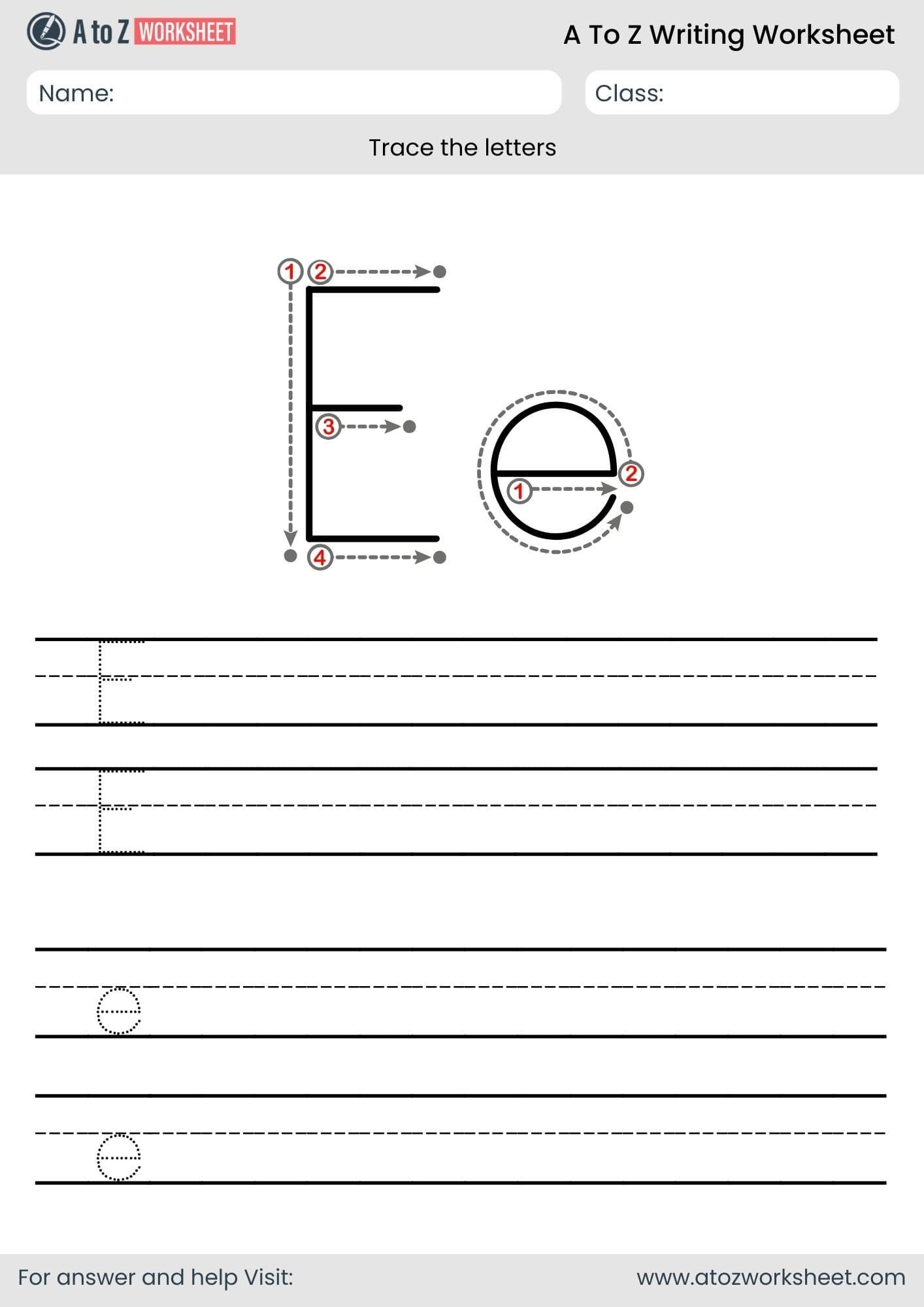 e letter write a to z worksheet for lkg