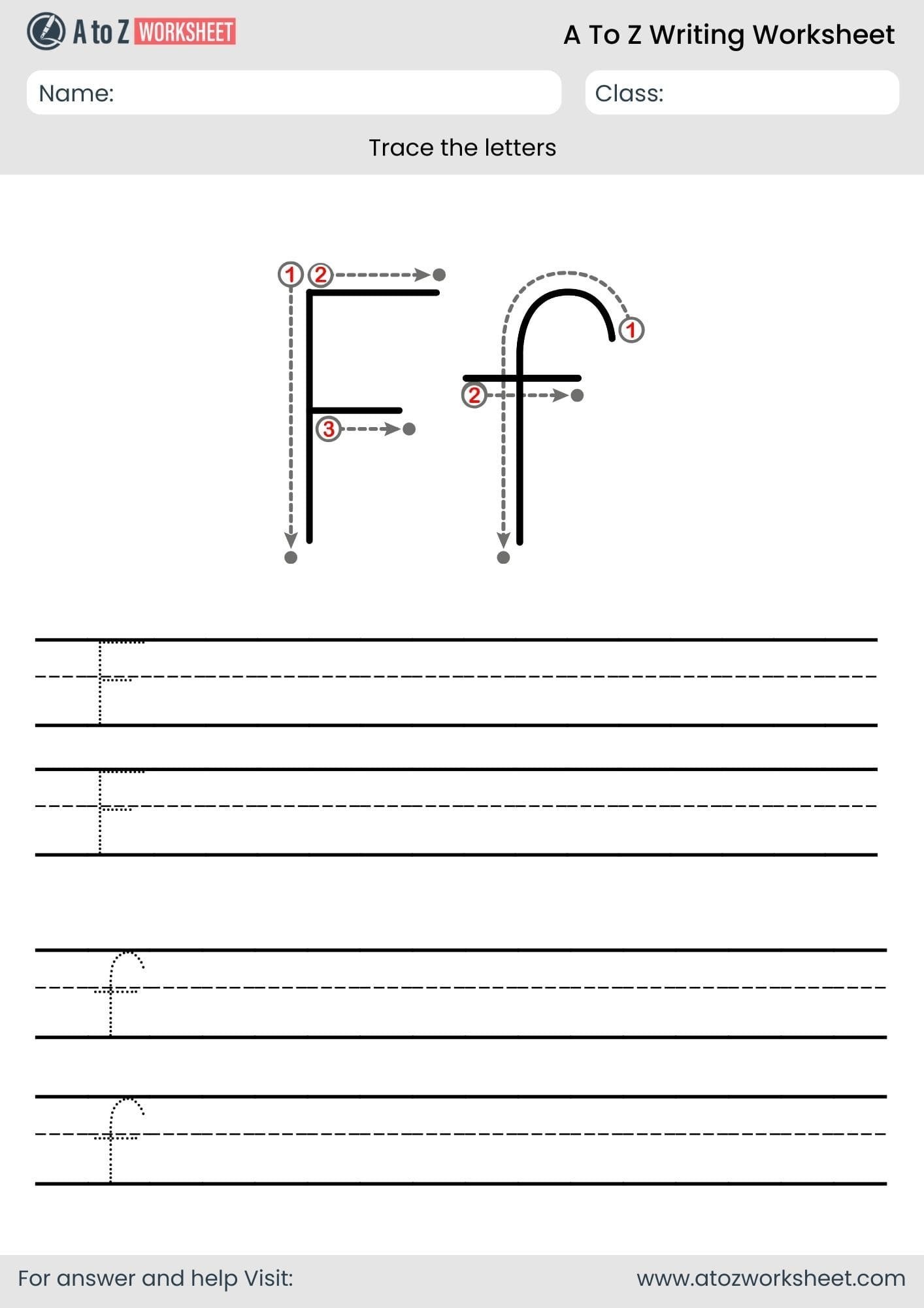 f letter write a to z worksheet for nursery