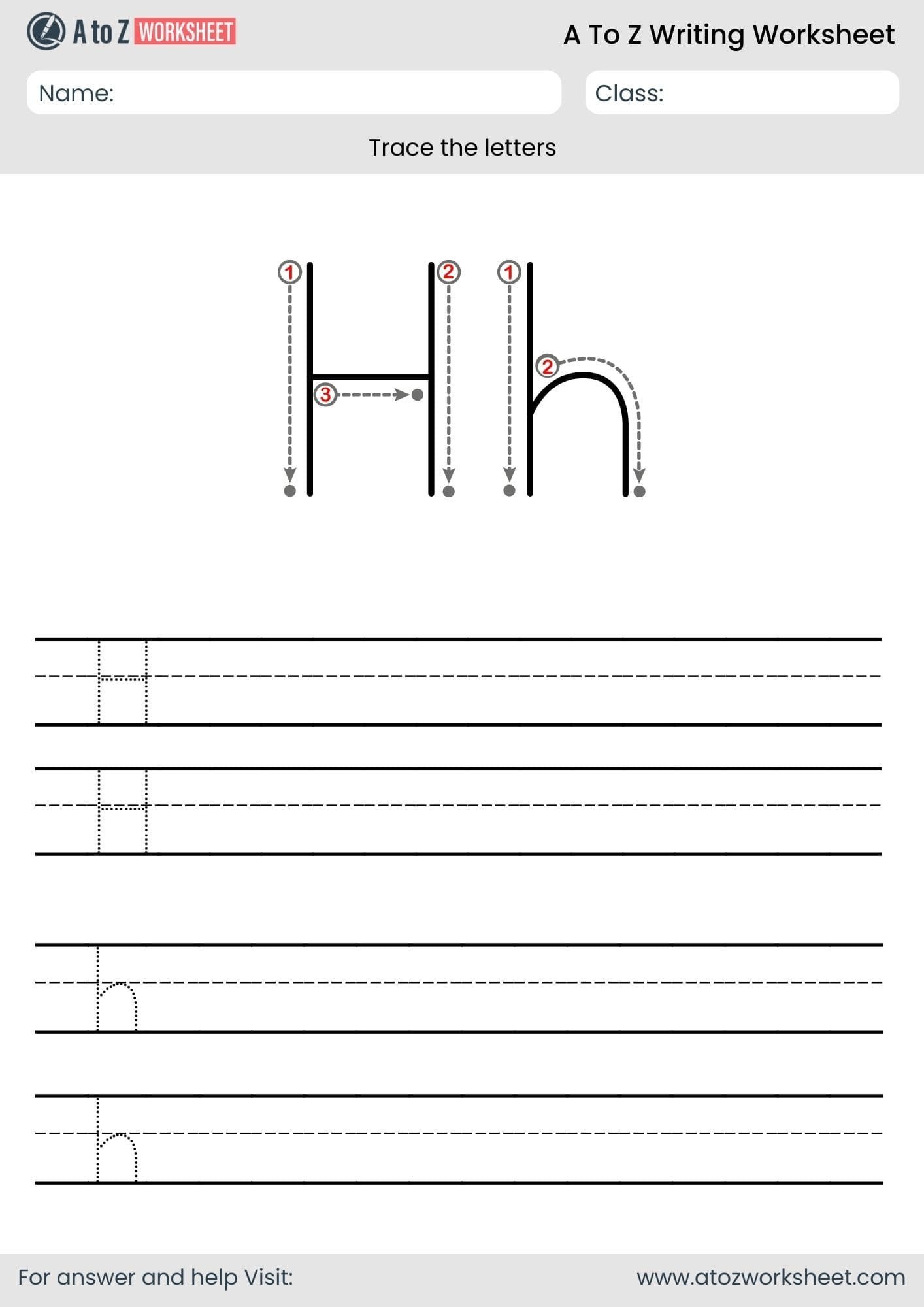 h letter write a to z worksheet for ukg