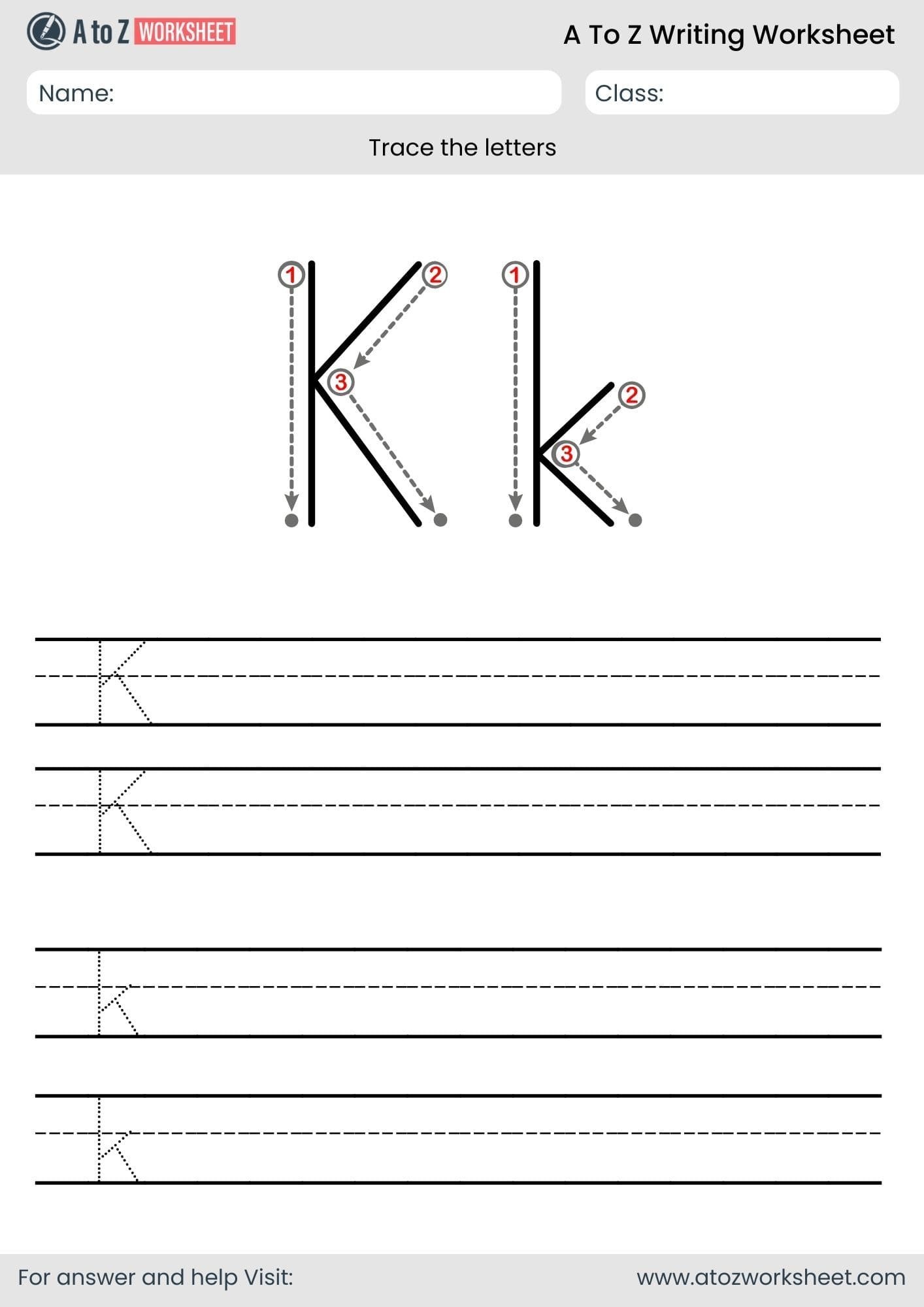 k letter write a to z worksheet for nursery