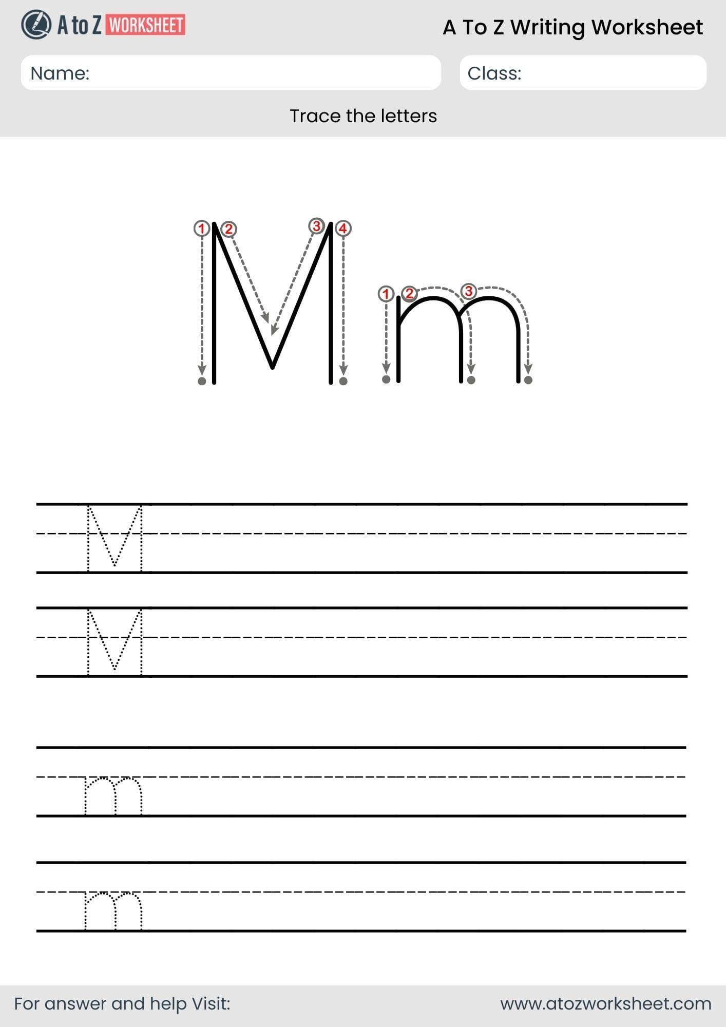 m letter write a to z worksheet for pdf