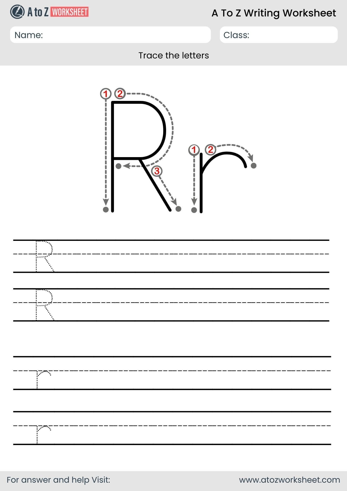 r letter write a to z worksheet for lkg