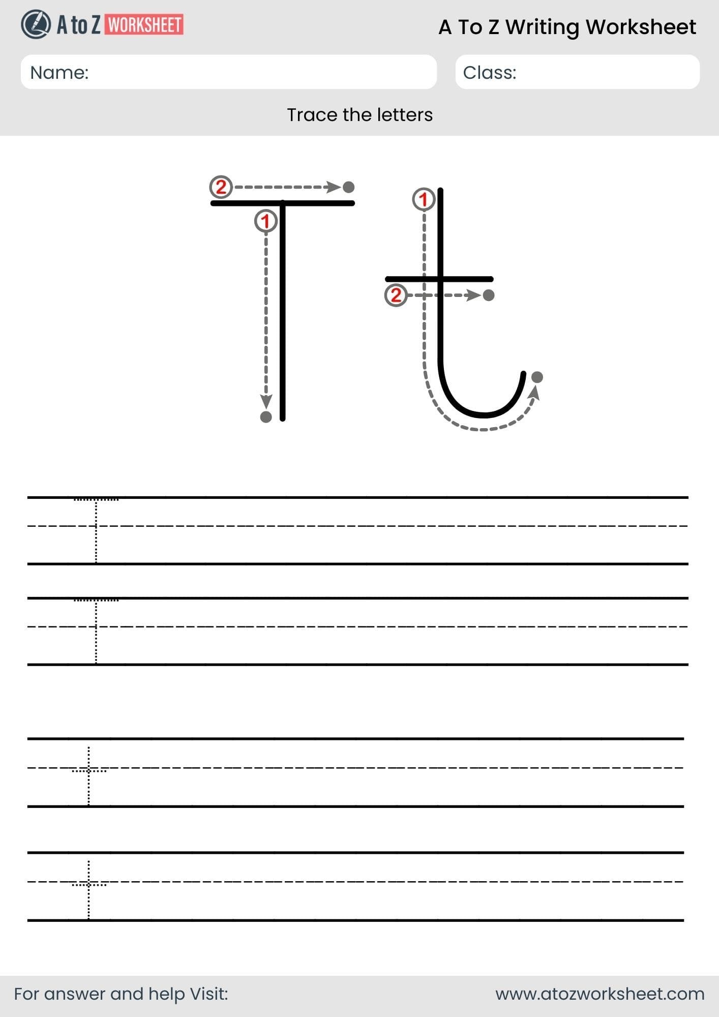 t letter write a to z worksheet for nursery